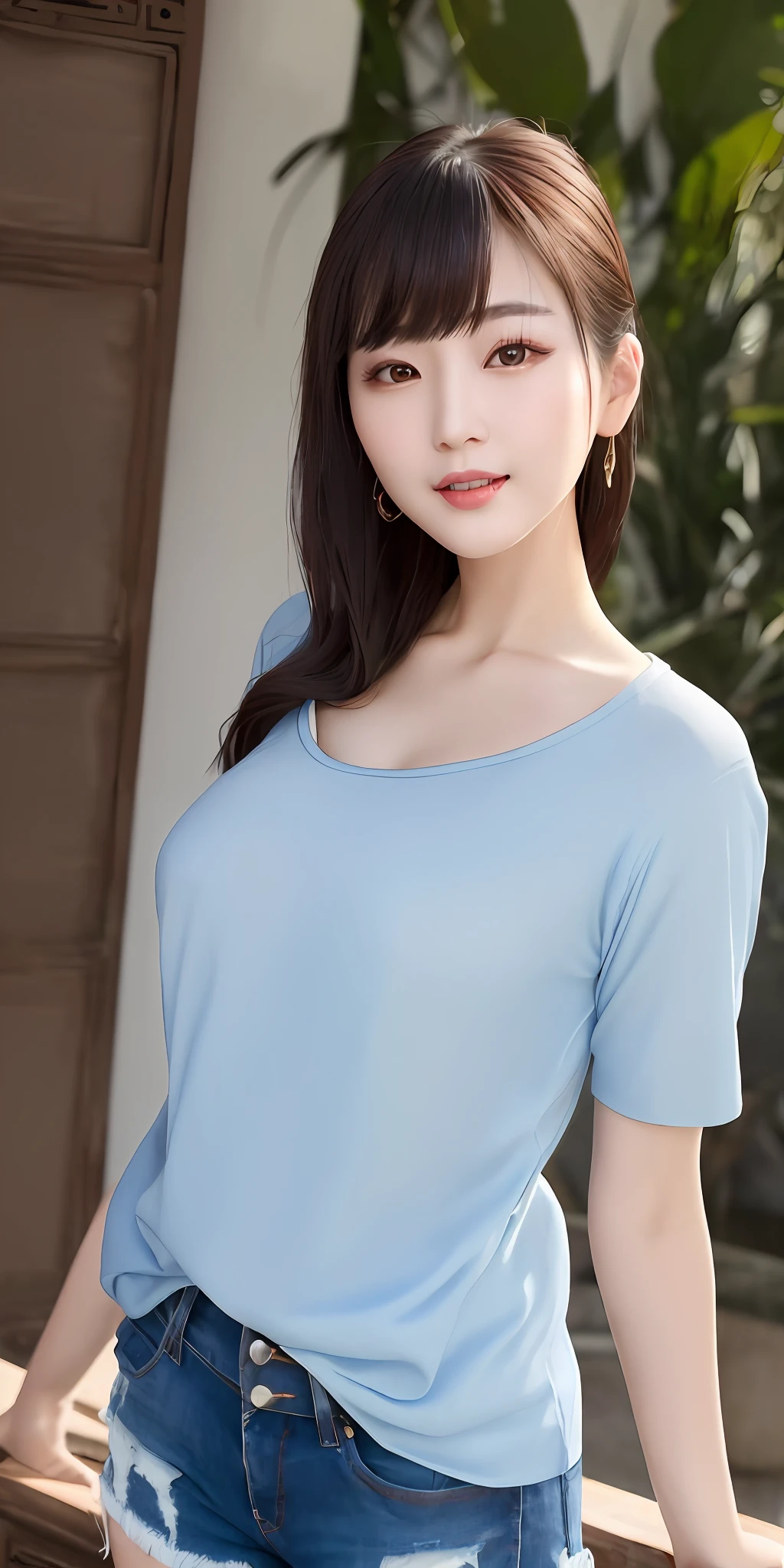 Realistic, textured skin, {best quality}, {highres}, beautiful and charming classical Chinese woman, full body photo, 28 years old, delicate and charming round face, smiling, slender and charming figure, delicate and charming collarbone, Air bangs, brunette hair, bright peach eyes, pink lips, double eyelids, deep cleavage, (blue appliquéd cotton jersey T-shirt, crafted in cotton jersey, with classic crew neck and dropped shoulders , denim shorts), casual pose, bright background