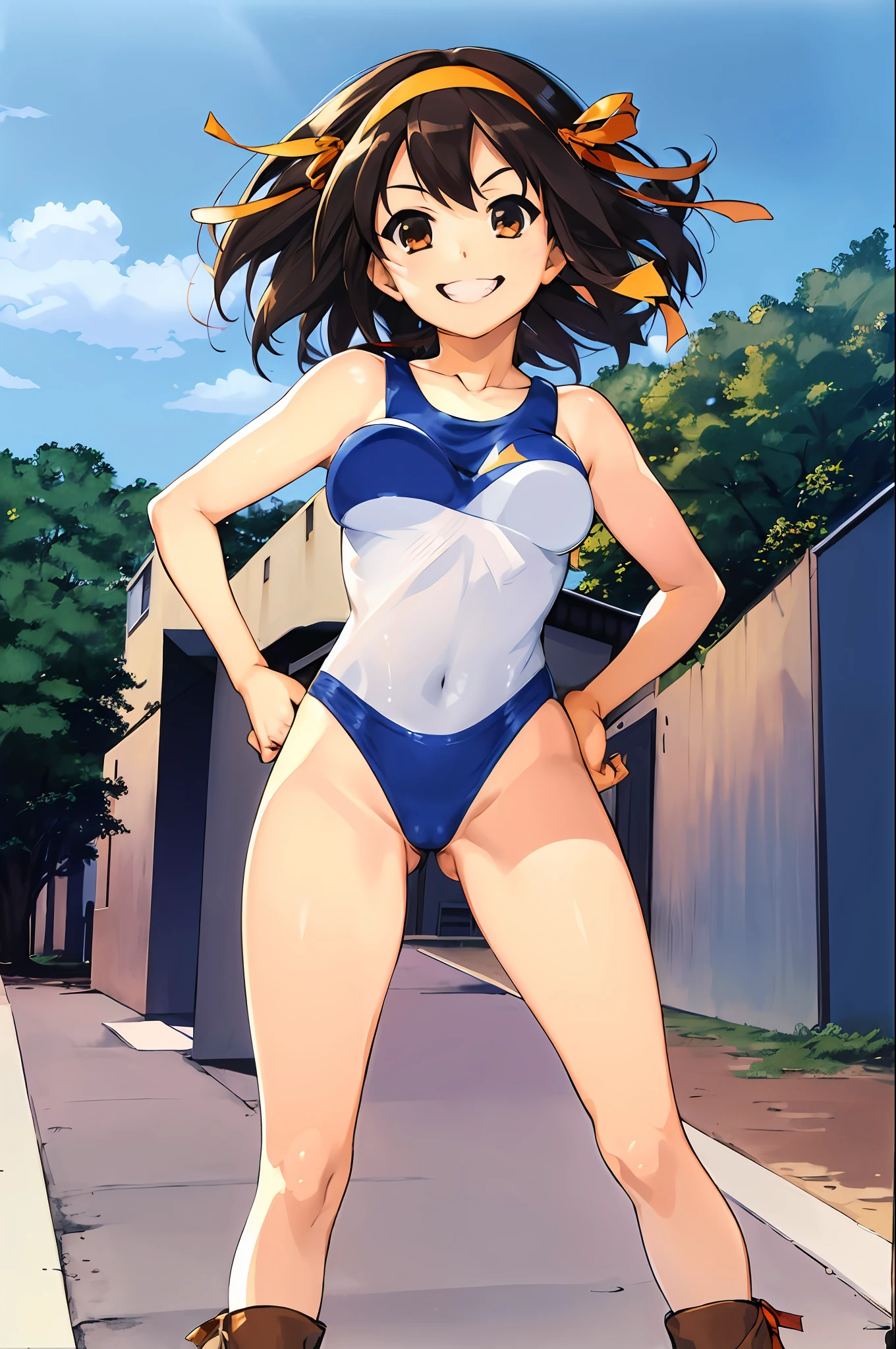 masterpiece, best quality, highres, 1girl, suzumiya haruhi, solo, superhero, leotard, bare legs, brown hair, short hair, brown eyes, hairband, medium hair, ribbon, boots, matching boots, medium breasts, cowboy shot, standing, smile, outdoors,