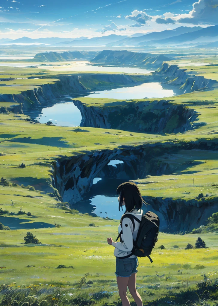 The vast sky, beautiful skyline, large grasslands, extremely tense and dramatic pictures, moving visual effects, the high-hanging Polaris, and colorful natural light. Long-sleeved top, denim shorts, and a girl with a backpack.