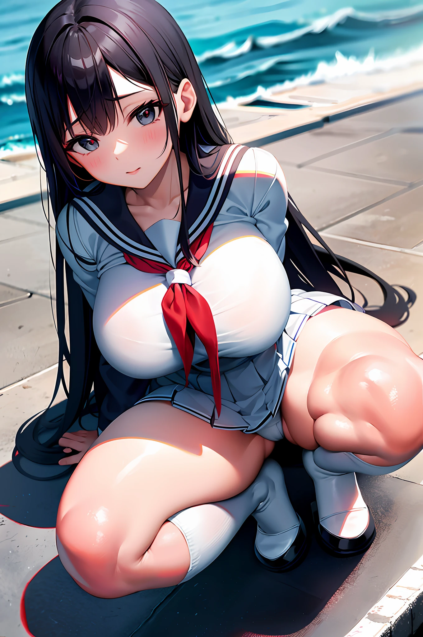 High school girl, sailor suit, long untied black hair, drooping eyes, big breasts, thick thighs, white panties, squatting girl