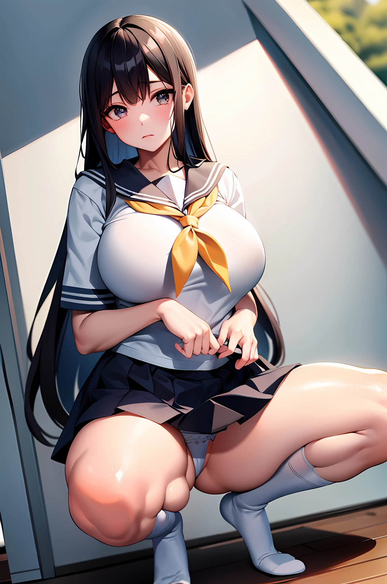 High school girl, sailor suit, long untied black hair, drooping eyes, big breasts, thick thighs, white panties, squatting girl