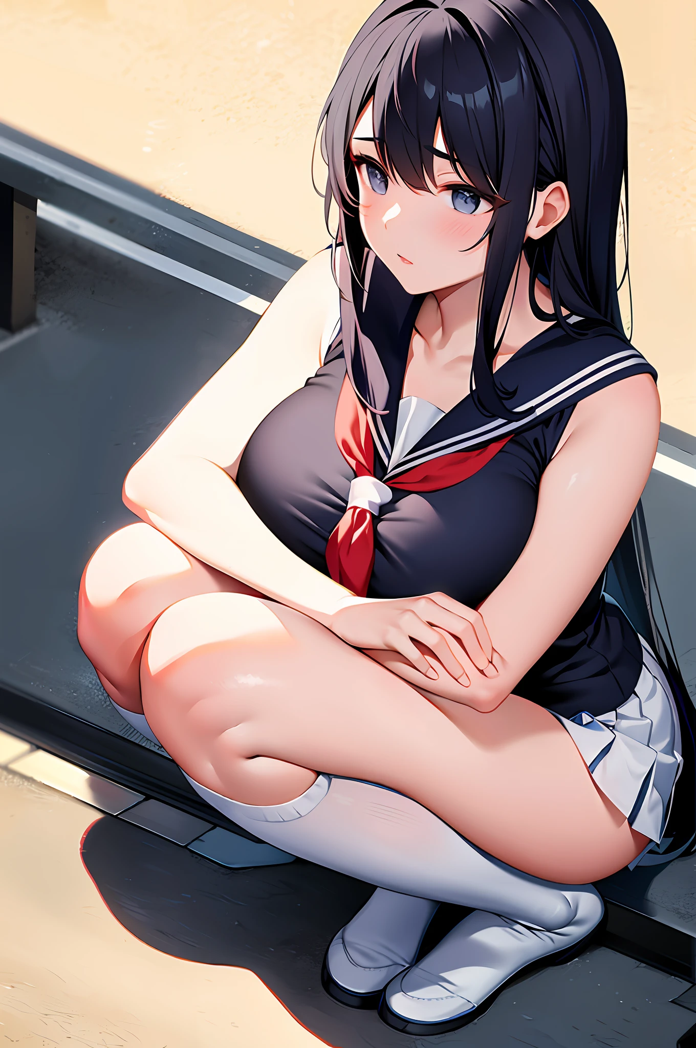 High school girl, sailor suit (sleeveless), long untied black hair, sagging eyes, big breasts, thick thighs, white pants, squatting girl