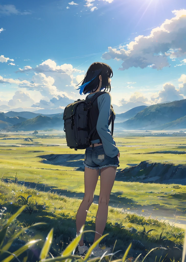 The vast sky, beautiful skyline, large grasslands, extremely tense and dramatic pictures, moving visual effects, the high-hanging Polaris, and colorful natural light. Long-sleeved top, denim shorts, and a girl with a backpack.
