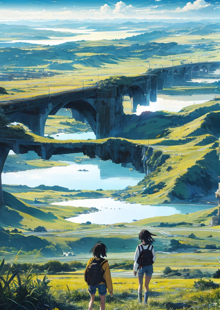 The vast sky, beautiful skyline, large grasslands, extremely tense and dramatic pictures, moving visual effects, the high-hanging Polaris, and colorful natural light. Long-sleeved top, denim shorts, and a girl with a backpack.