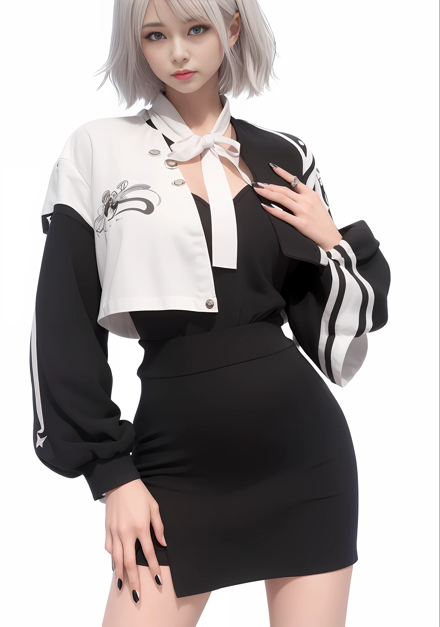 Closeup of a woman with white hair, anime style. 8k, realistic anime girl render, girl with short white hair, 3d anime style, april render, realistic anime 3d style, realistic clothing, cute 3d anime girl render, (8k, RAW photo, best quality, masterpiece:1.2 ), (realistic, photo-realistic:1.37), 1girl, solo, nice hands, hands with clear bones