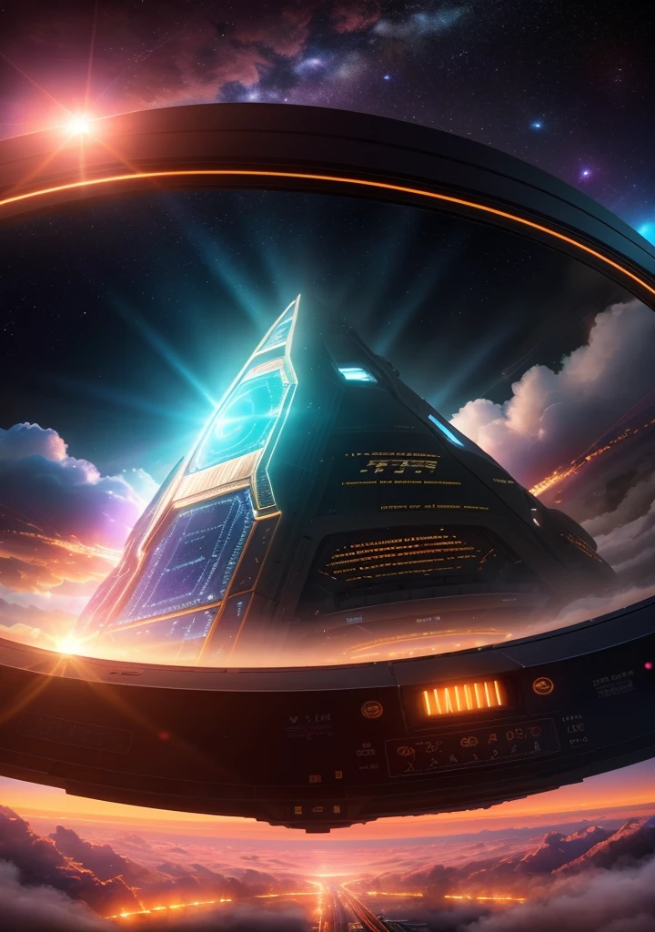 Metaverse poster, 8K, UHD, RAW, (photorealistict: 1.4), film lighting, depth of field, flare, lens effects, lens flare, spaceship playing on an alien planet, sci-fi, cyberpunk light effects, low saturation , fog, Big Bang artificial intelligence controlled cloud space gate