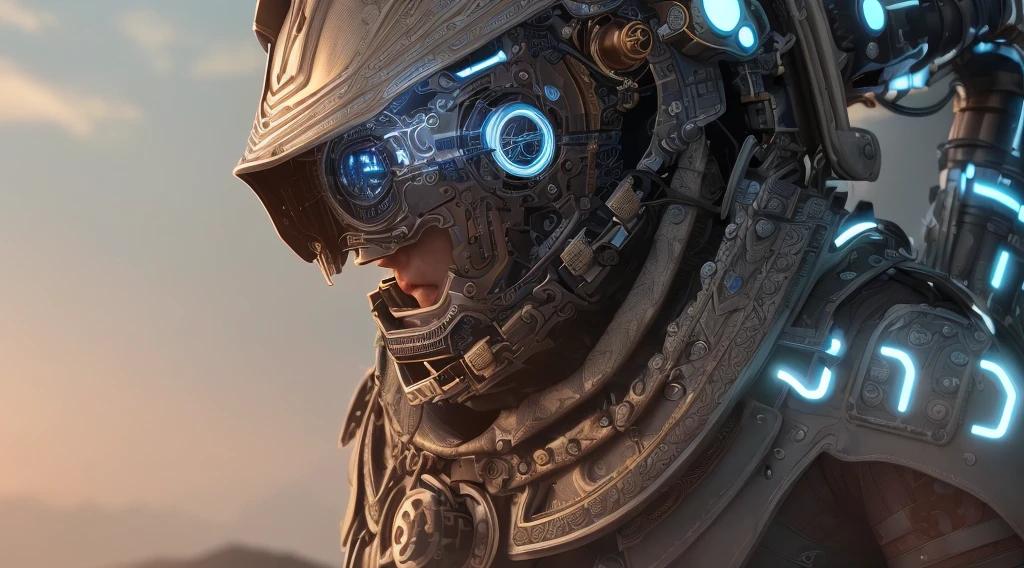 (ultra-detailed CG unity 8k HQ HD wallpaper, masterpiece), best quality, stunningly detailed futuristic warrior donning a hyper-detailed helmet with steampunk undertones, combining both the tech of tomorrow with the aesthetics of the past.