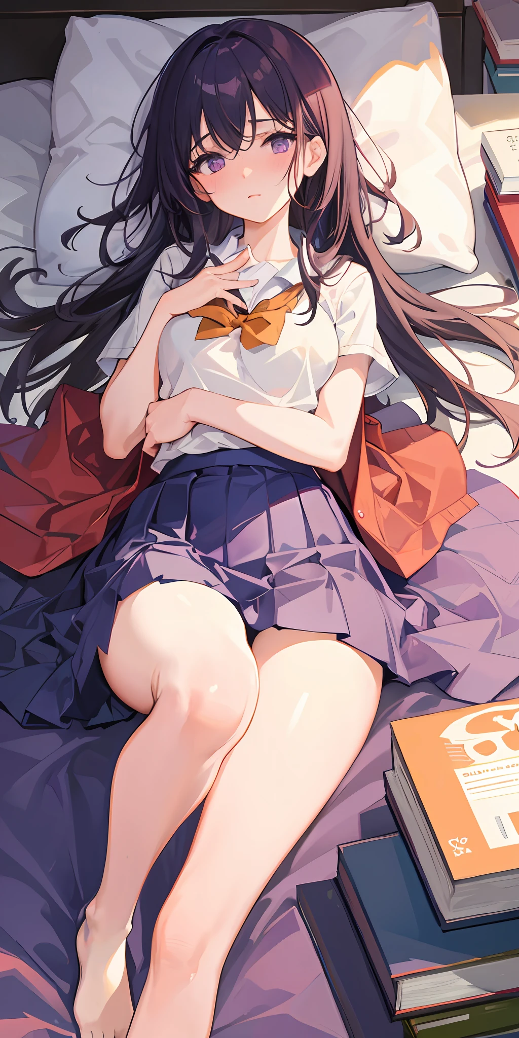 Masterpiece, Best quality, High resolution, Solo, Purple eyes, Indoors, Clothes on the way out, White cute underwear, Lying down, Embarrassed, Anxiety, Bed, Disheveled clothes, Orange sunset, Dim, High school student in nursery, Open both hands