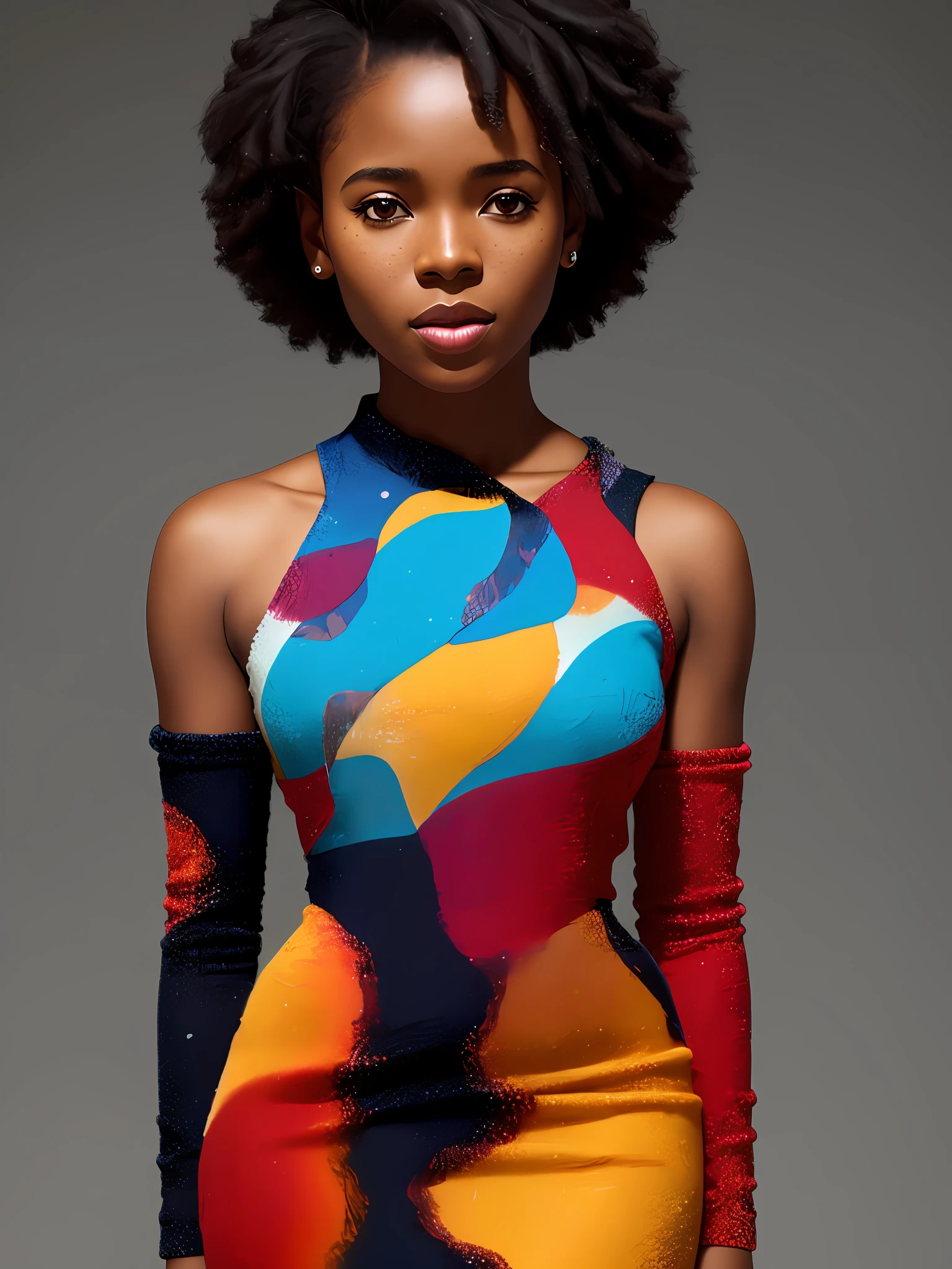 African woman, short dress, posing, 30s, full body, manga style, ultradetailed, HD, 8K, highlights, good lighting, ((art by Emmanuelle Moureaux and (Wangechi Mutu:1.1))), , small freckles, nostalgia, High detail professional photography, detailed skin, textured skin, skin pores, skin details, ((detailed pupils)), high details, photorealistic, sharp focus, nikon d7500 24mm, f/1.4, ISO 100, 1/1600s , UHD 64k, RAW, unedited photography, depth of field, bokeh , dramatic