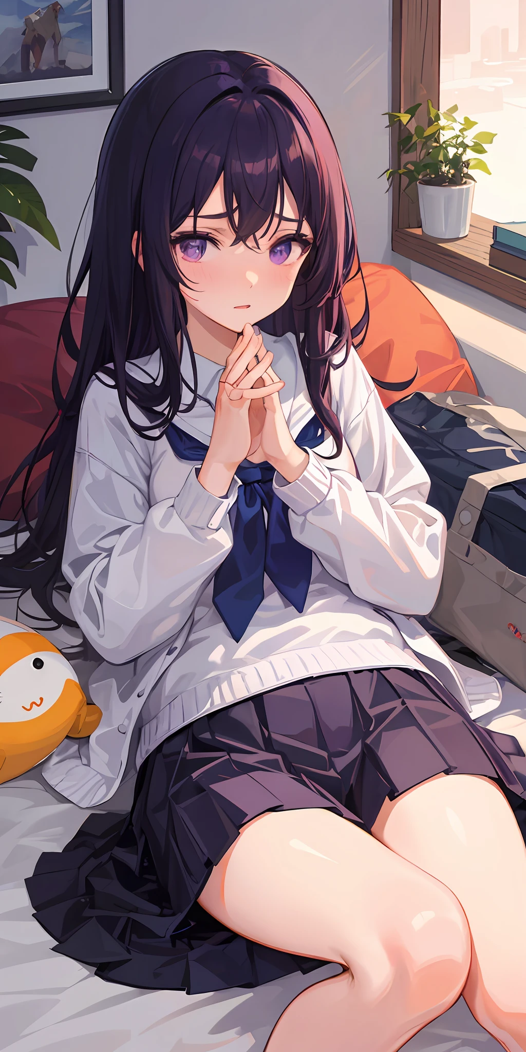 Masterpiece, Best quality, High resolution, Solo, Purple eyes, Indoors, Clothes on the way out, White cute underwear, Lying down, Embarrassed, Anxiety, Bed, Disheveled clothes, Orange sunset, Dim, High school student in nursery, Open both hands