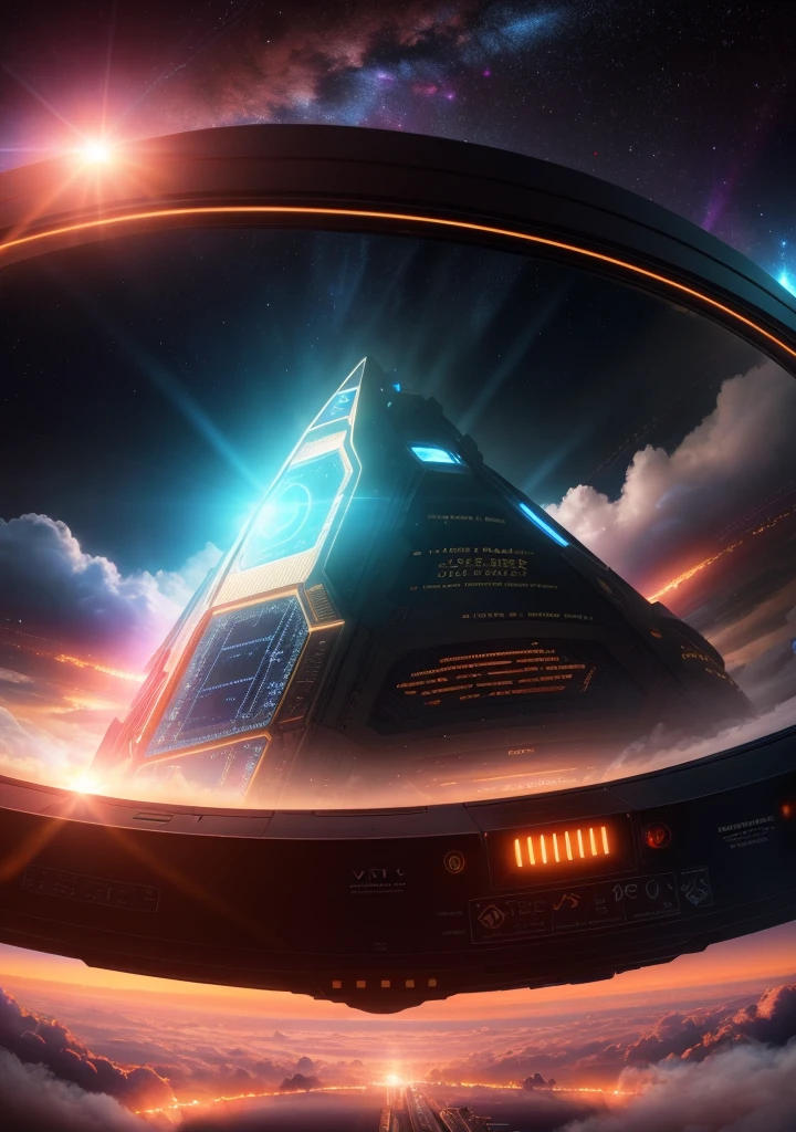 Metaverse poster, 8K, UHD, RAW, (photorealistict: 1.4), film lighting, depth of field, flare, lens effects, lens flare, spaceship playing on an alien planet, sci-fi, cyberpunk light effects, low saturation , fog, Big Bang artificial intelligence controlled cloud space gate