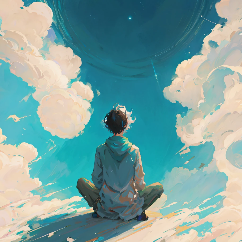 there is a man sitting on the ground looking at the sky, makoto shinkai cyril rolando, makoto shinkai art style, sitting on the cosmic cloudscape, 4 k manga wallpaper, anime art wallpaper 4k, anime art wallpaper 4 k, anime art wallpaper 8 k, makoto shinkai!, cyril rolando and goro fujita