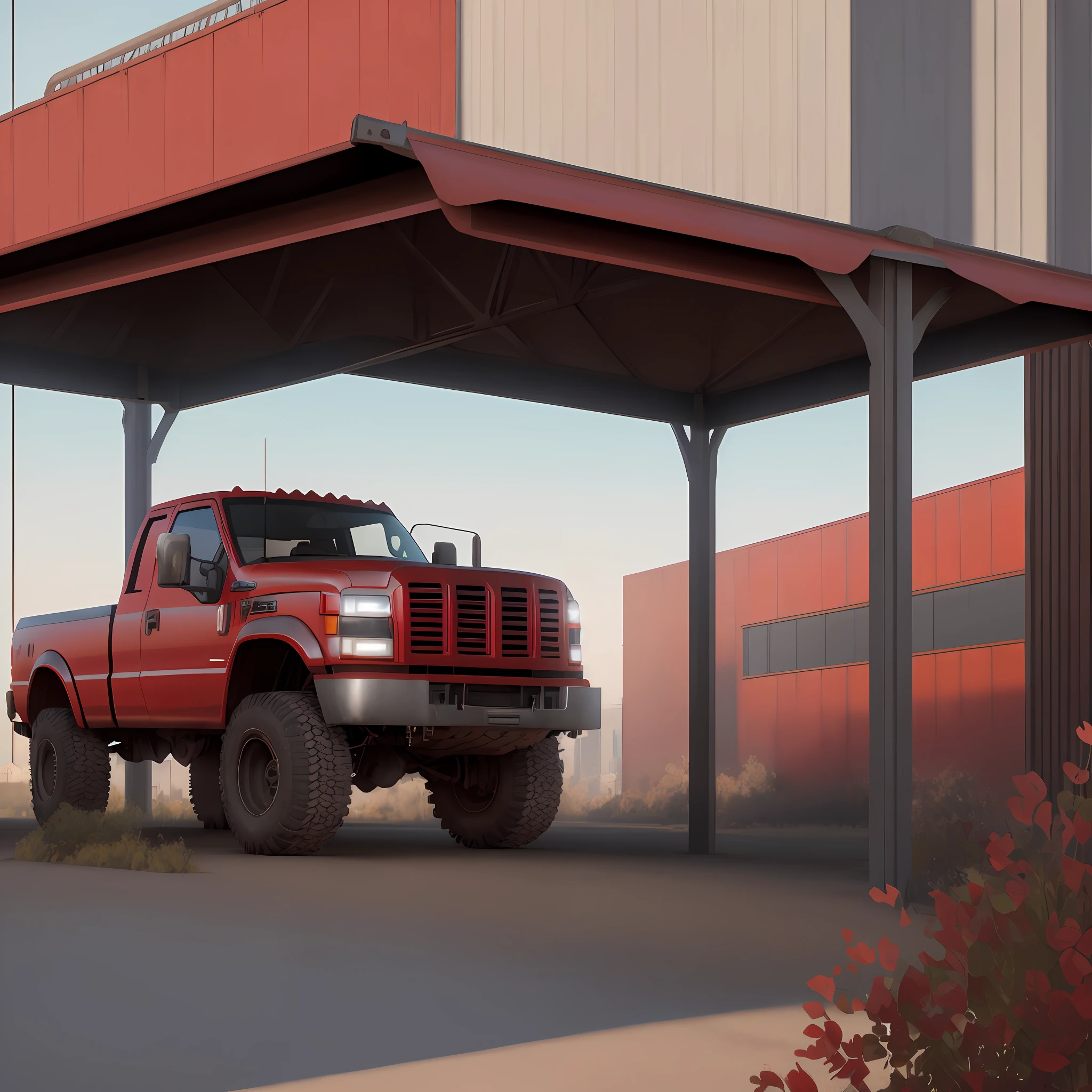 Sunny day, metal steel structure transparent canopy, background red huge factory, (big truck), (HDR: 1.25), (complex details: 1.14), (surreal 3D rendering: 1.16), (movie: 0.55)