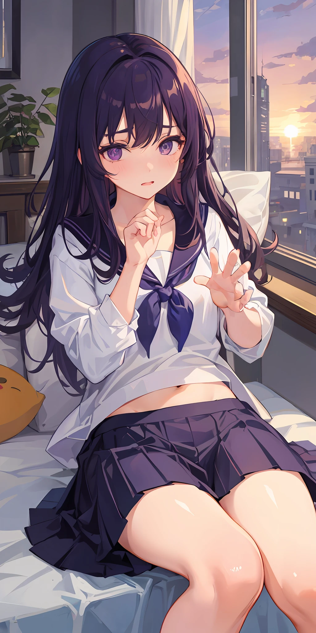 Masterpiece, Best quality, High resolution, Solo, Purple eyes, Indoors, Clothes on the way out, White cute underwear, Lying down, Embarrassed, Anxiety, Bed, Disheveled clothes, Orange sunset, Dim, High school student in nursery, Open both hands