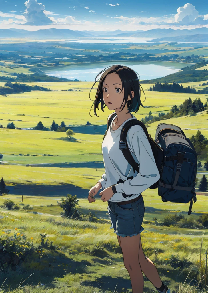 The vast sky, beautiful skyline, large grasslands, extremely tense and dramatic pictures, moving visual effects, the high-hanging Polaris, and colorful natural light. Long-sleeved top, denim shorts, and a girl with a backpack.
