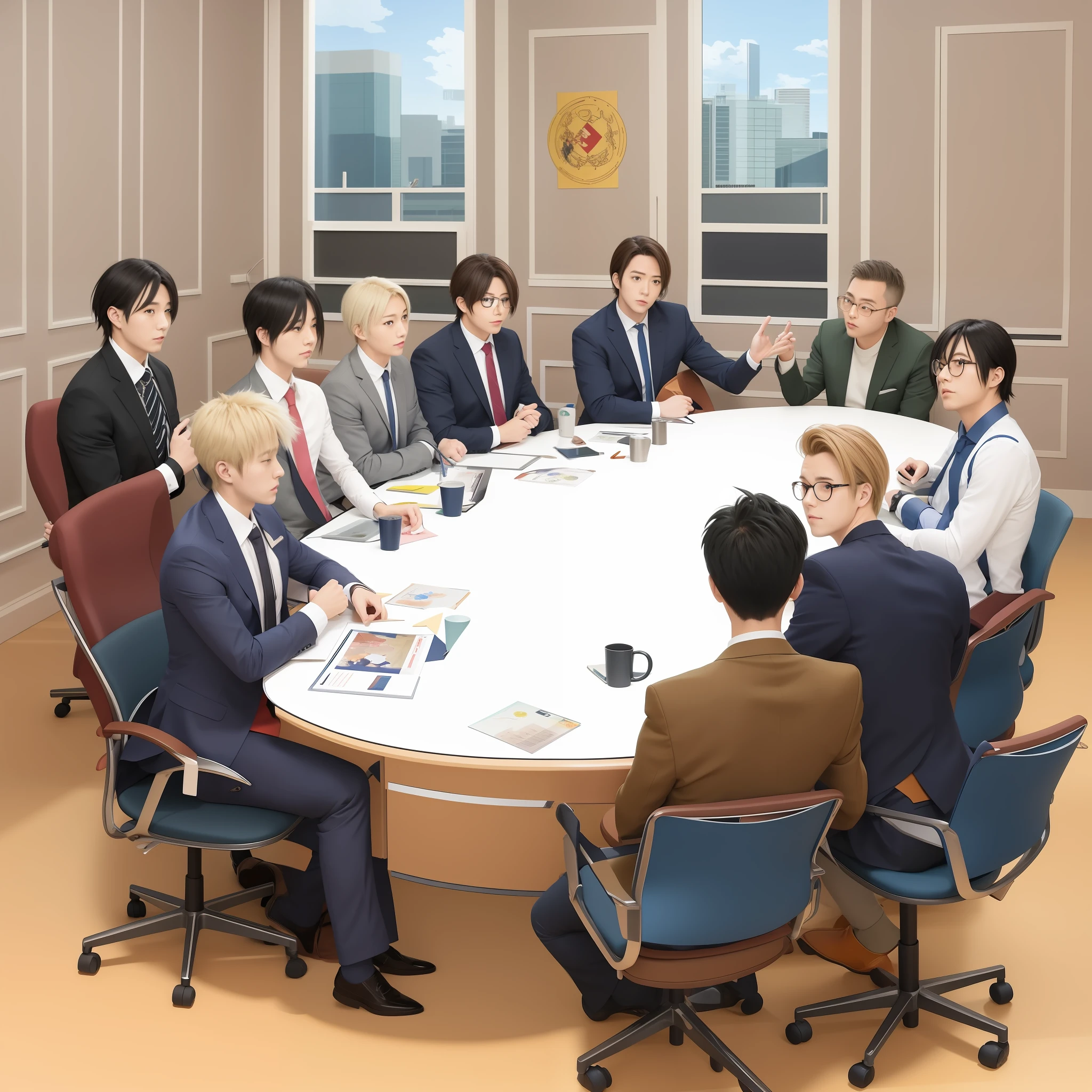 there are many men sitting around a table in a meeting room, official illustration, business meeting, in a meeting, official art, official anime studio still, asylum studio anime style, in a meeting room, official anime still , typical anime classroom, bishounen, group sitting at the table, official fanart, sankakucomplex anime image, color illustration