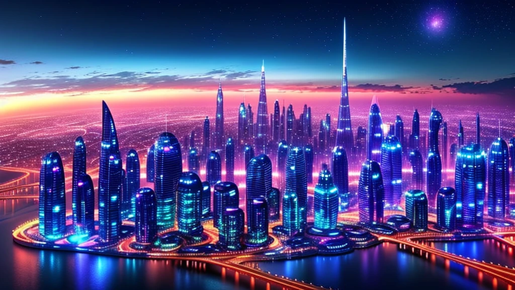 futuristic city with beautiful view pinkish blue sky lots of sparkles surrounding view future generation futuristic city view clear vision no blur