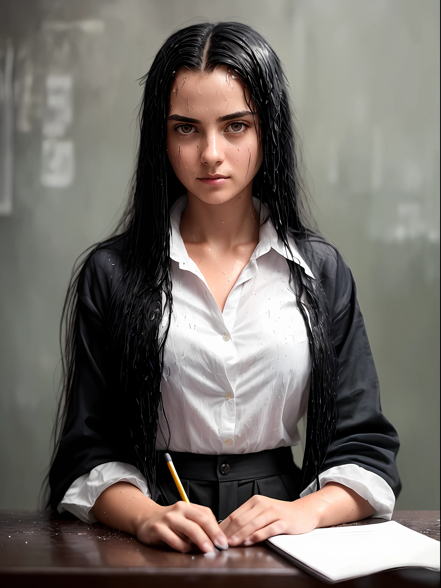 a portrait of a (soaking wet:1.12) long black hair teacher is sitting, school desk, (perfect innie, : white shirt : 19], through the top shirt, slate atmosphere, cinematic, dimmed colors, dark shot, muted colors, film grainy, lut, insane details, intricate details, hyperdetailed, (closeup:0.9)