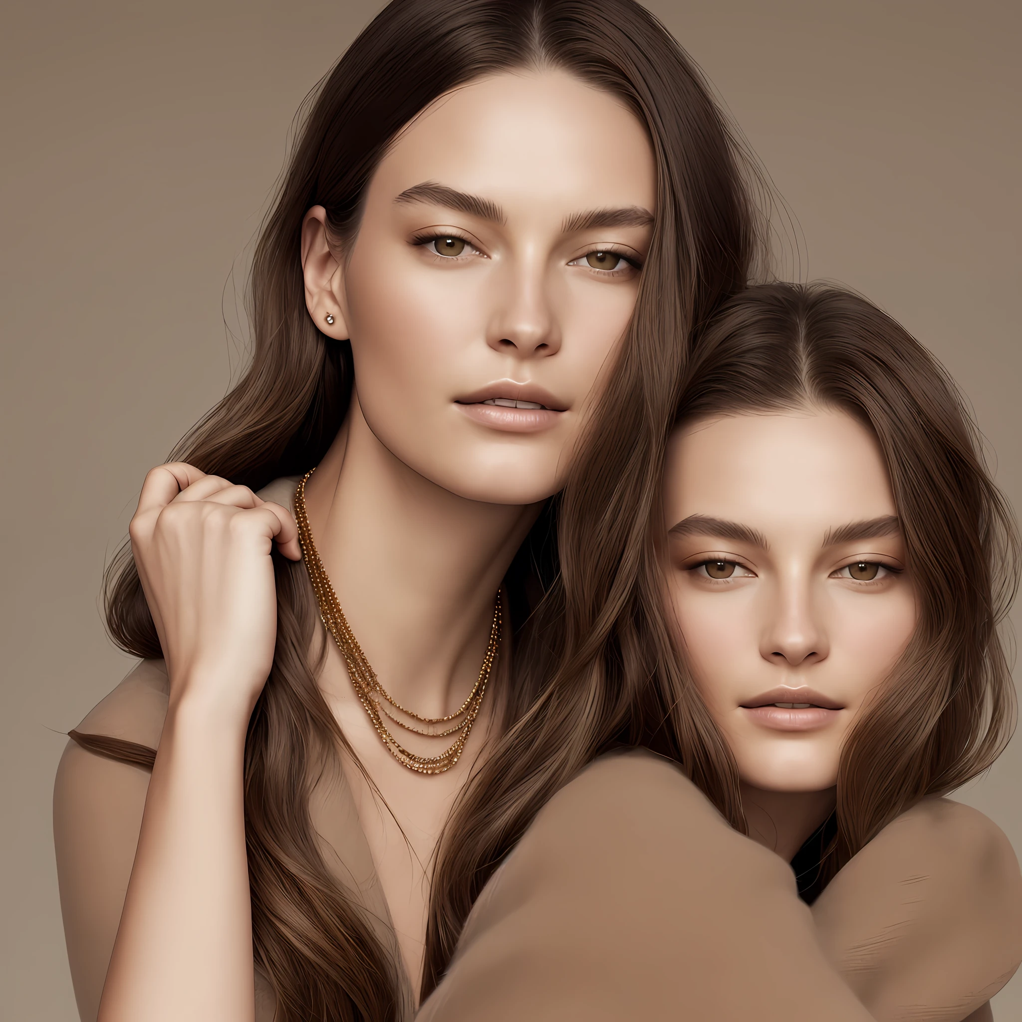 **the latest ad campaign featuring models with brown hair, in the style of modern jewelry, muted earth tones, light bronze and light amber, close-up, peter chung, serenity and calm, high tonal range --ar