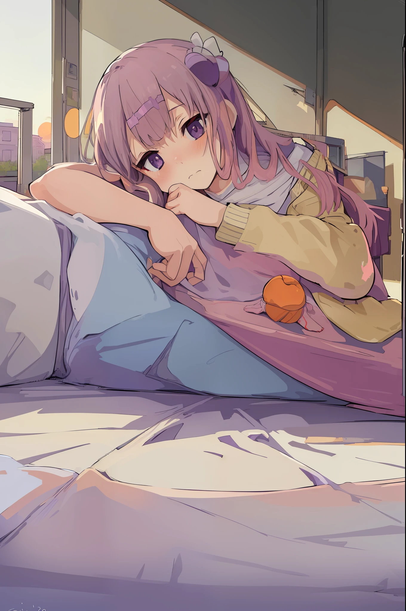 Masterpiece, top quality, high resolution, solo, purple eyes, indoors, stripped clothes, white cute underwear, lying down, embarrassed, anxious, bed, disheveled clothes, orange sunset, dim, high school student in nursery room