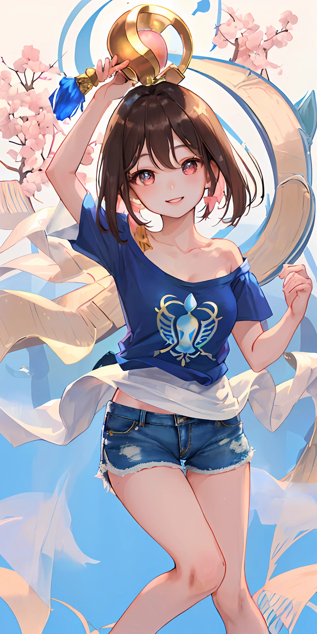 Realistic, textured skin, {best quality}, {highres}, beautiful and charming classical Chinese woman, full body photo, 28 years old, delicate and charming round face, smiling, slender and charming figure, delicate and charming collarbone, Air bangs, brunette hair, bright peach eyes, pink lips, double eyelids, deep cleavage, (blue appliquéd cotton jersey T-shirt, crafted in cotton jersey, with classic crew neck and dropped shoulders , denim shorts), casual pose, bright background