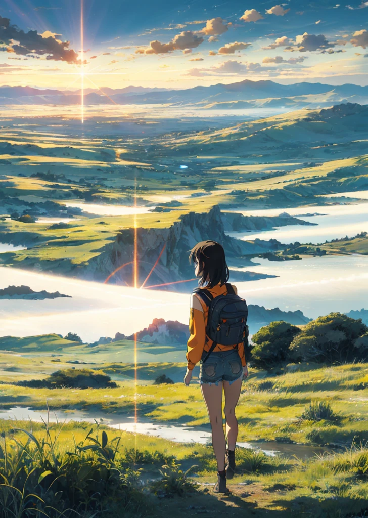 The vast sky, beautiful skyline, large grasslands, extremely tense and dramatic pictures, moving visual effects, the high-hanging Polaris, and colorful natural light. Long-sleeved top, denim shorts, and a girl with a backpack.