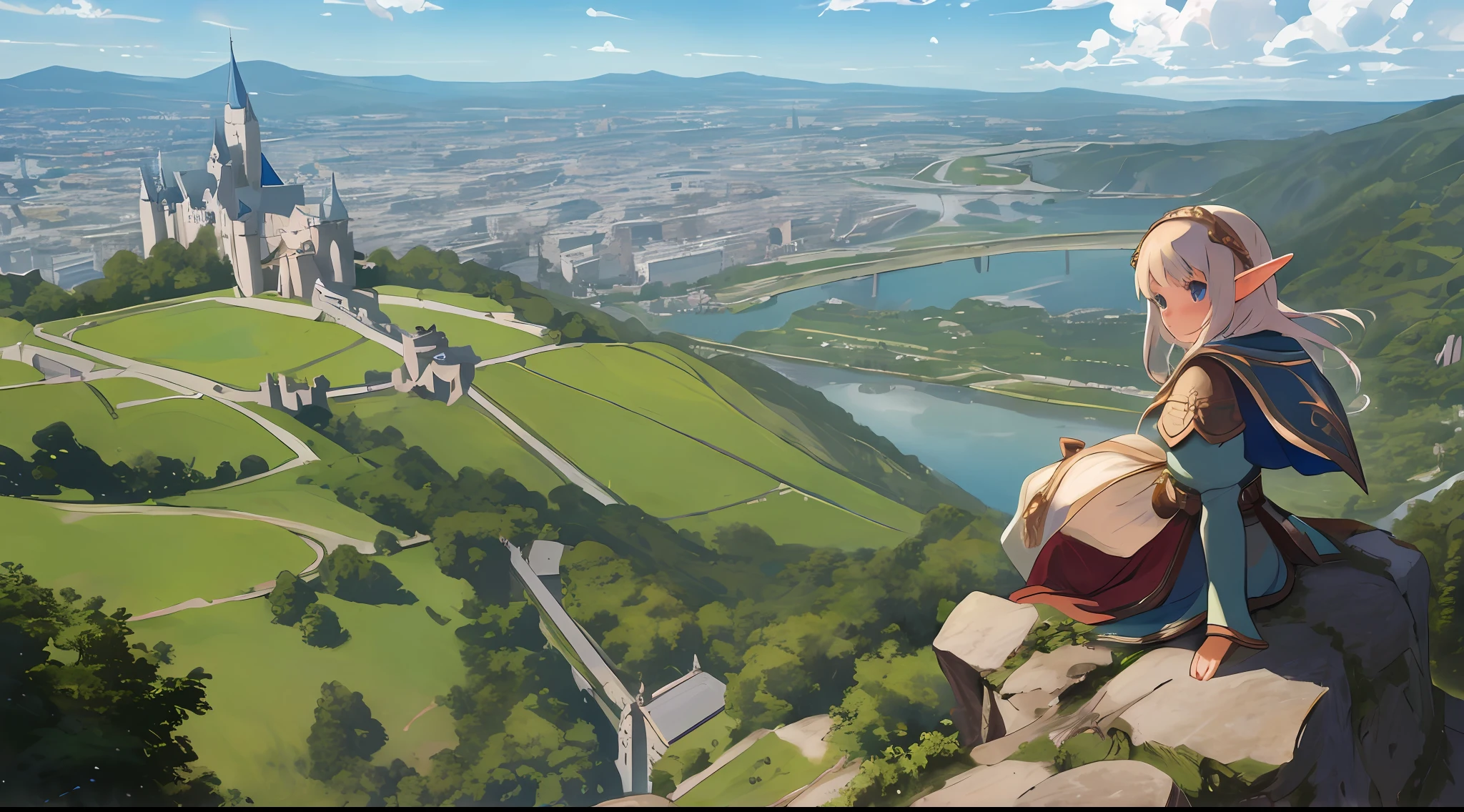 masterpiece, best quality, elf girl on top of a cliff, overlooking a big city with castle at the side of a mountain, aerial view