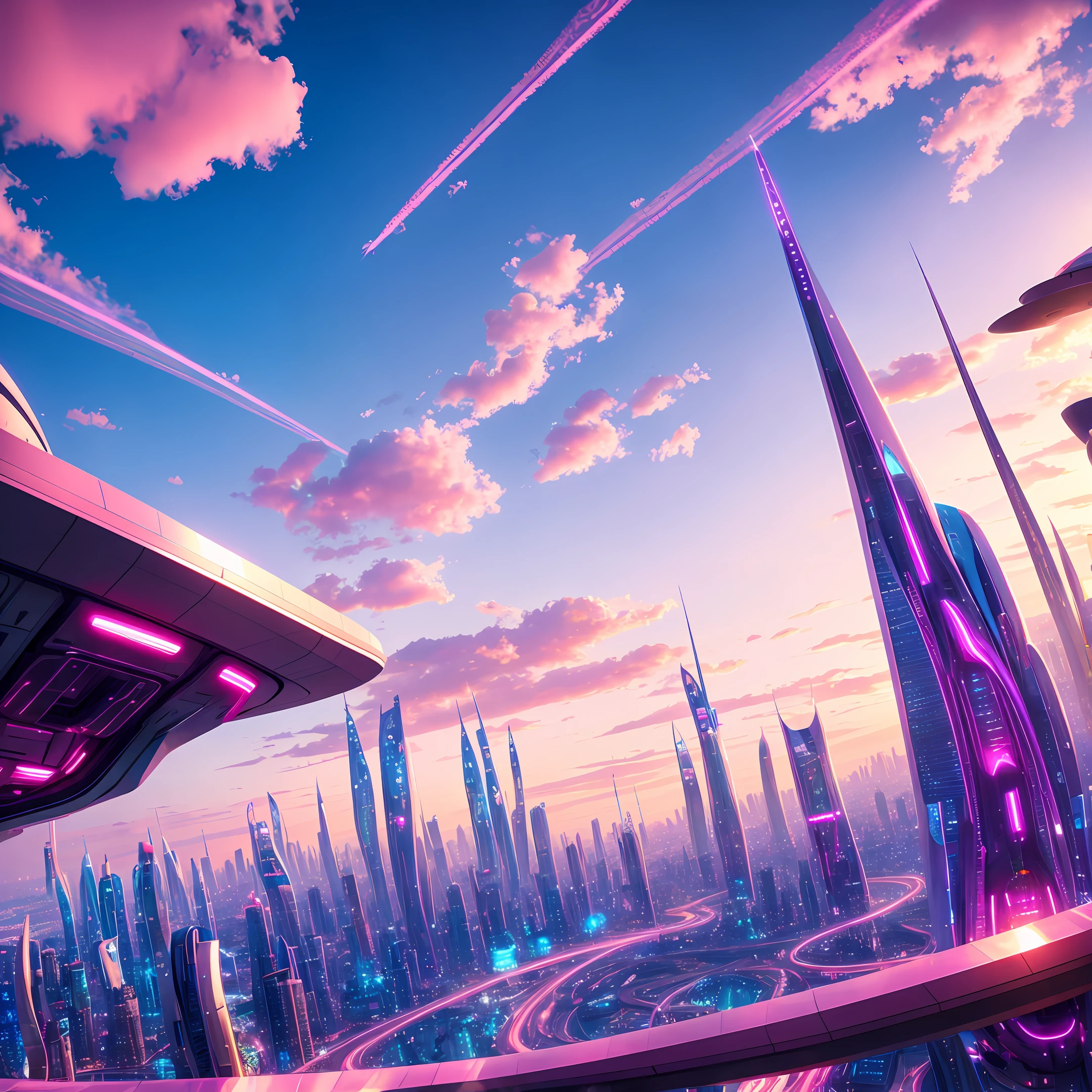 futuristic city with beautiful view pinkish blue sky lots of sparkles surrounding view future generation futuristic city view clear vision no blur