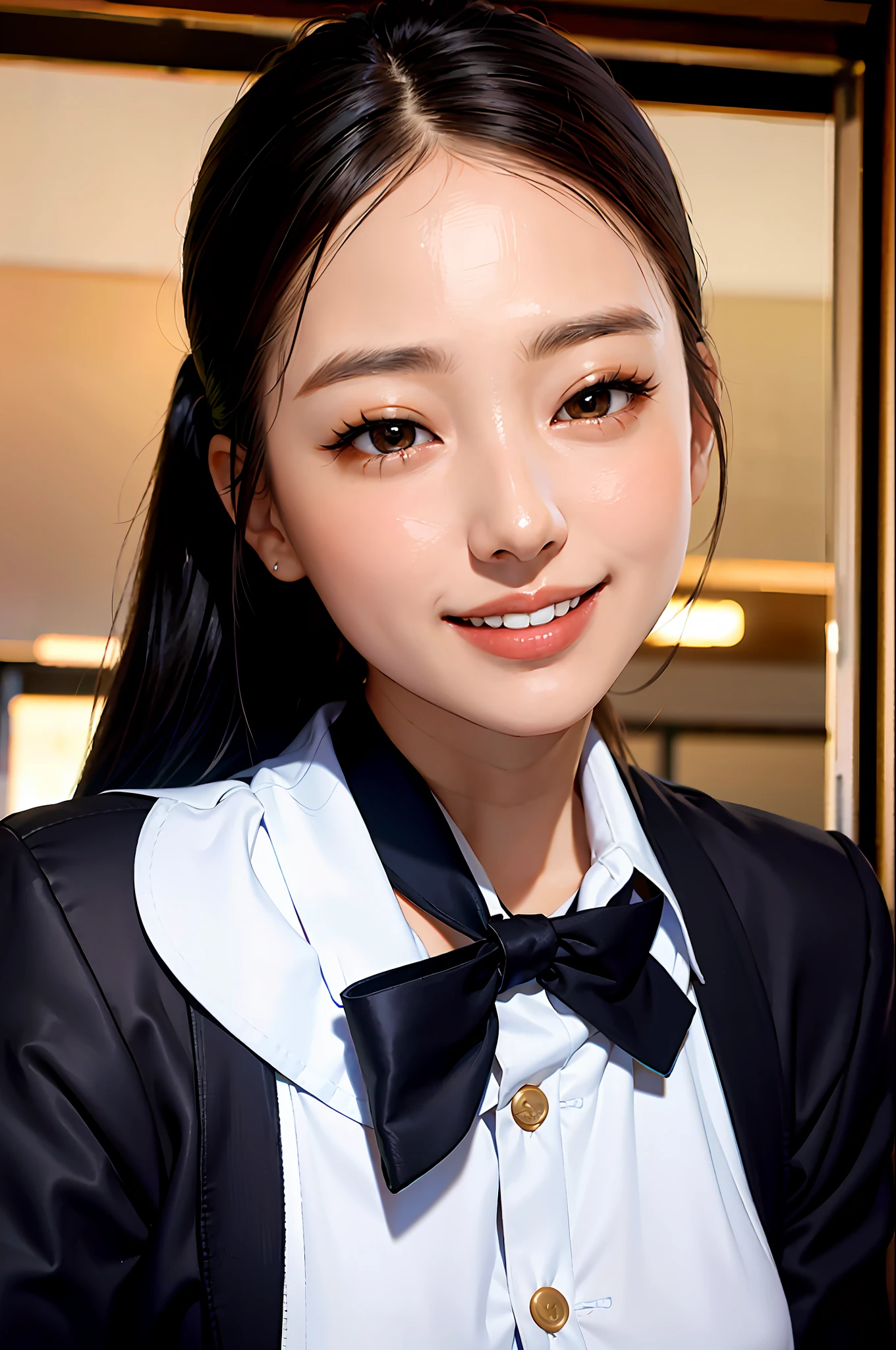 Korean girl, black hair, older sister, putting her hair in a ponytail and smiling to the narrator, high definition picture, masterpiece, (beautiful girl, cafe, seductive, virgin, sexy), (secretary), coquettish smile, coquettish woman, school uniform ,school uniform, senior, sister, student,
