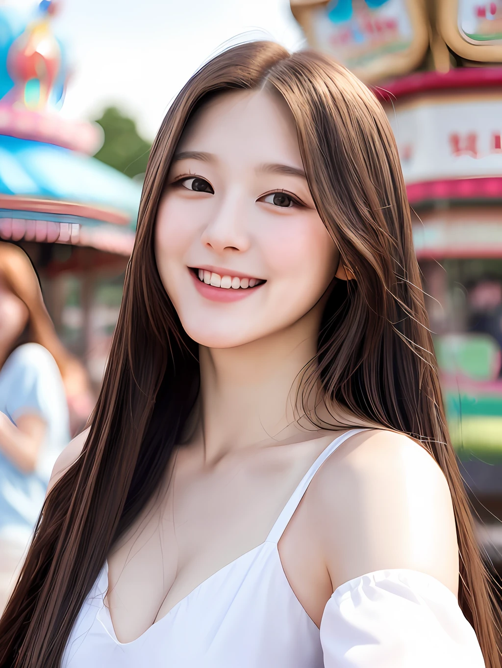 realistic photos of (1 cute Korean star) long straight hair, thin make-up, medium breast size, slightly smile, camiaole, in Amusement park, taking selfie, clear facial features, 8K high resolution, crisp detail, extremely sharp details. backdrop is blur