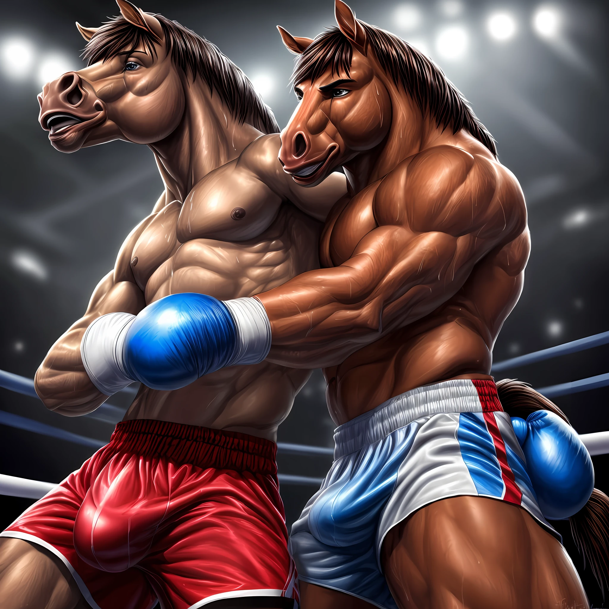 (extremely detailed and realistic drawing,  highly rendered artwork) + [ ((2 anthropomorphic horses: 1.3)), (struggling and clinching in the ring,with muscle defined and highlighted, boxing gloves and boxing trunks), exhausted and sweaty, tired and breathing heavily]