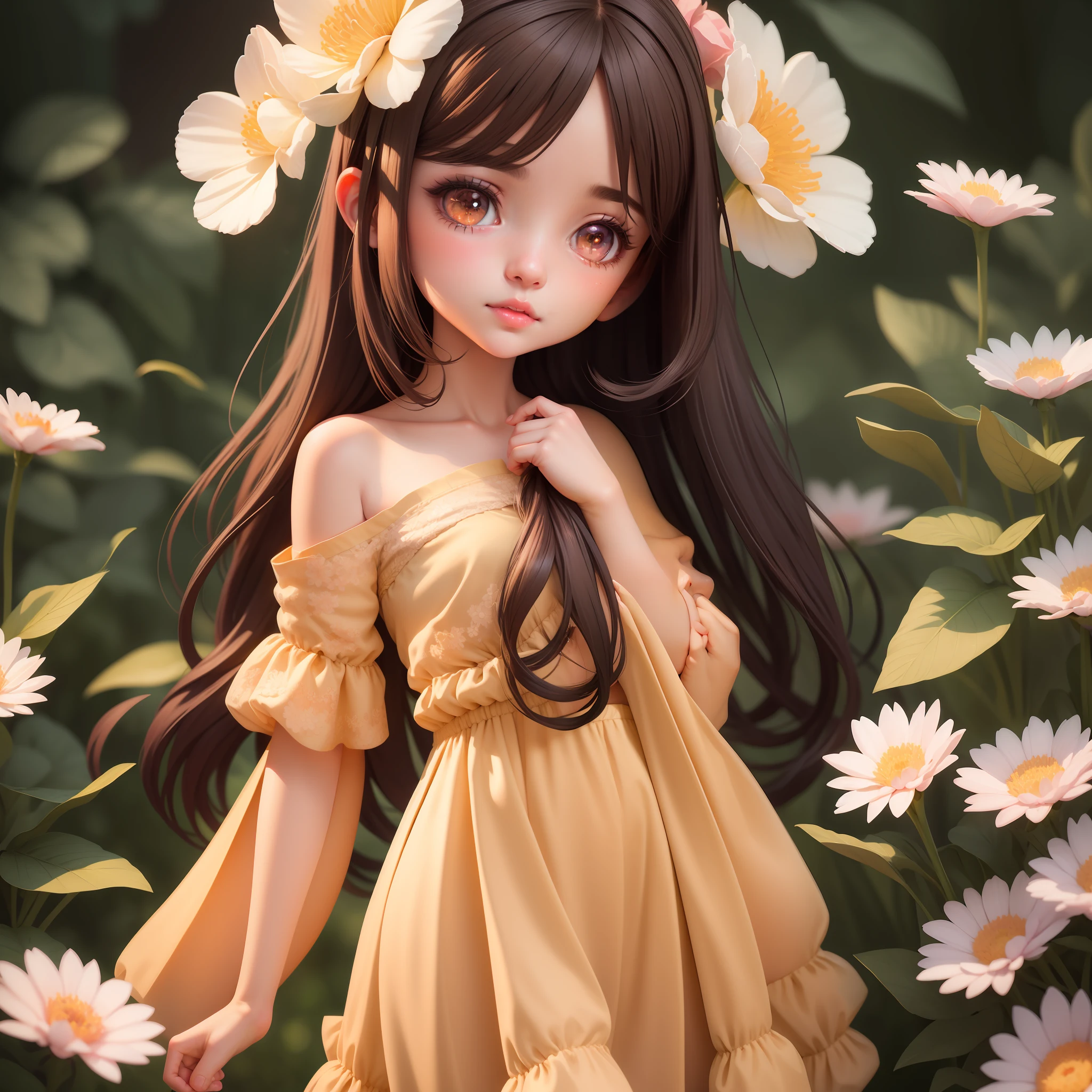 realistic, 1girl, dark hair, brown eyes, glowing eyes, parted lips, blush, cute, night, flower