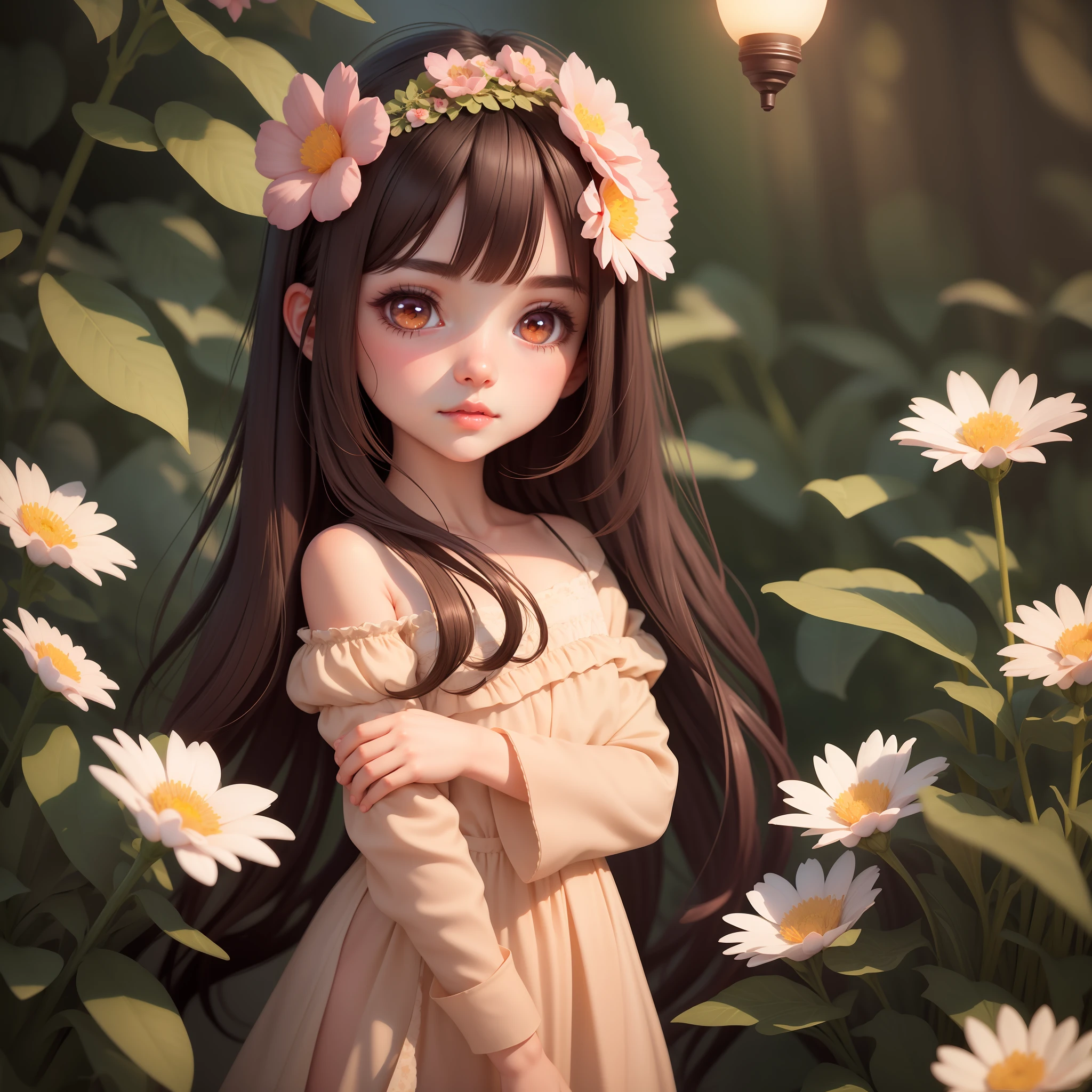 realistic, 1girl, dark hair, brown eyes, glowing eyes, parted lips, blush, cute, night, flower