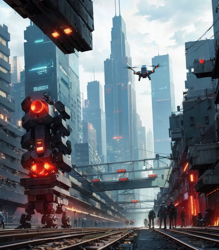 Huge robots, ((Cyborg)), high-rise buildings, robots, cars, crowds, mechanical sense, (irregular buildings), machinery, (cyberpunk), (levitating trains), drones, realistic lighting, ( Abyss) masterpiece, high quality, beautiful graphics, high details,