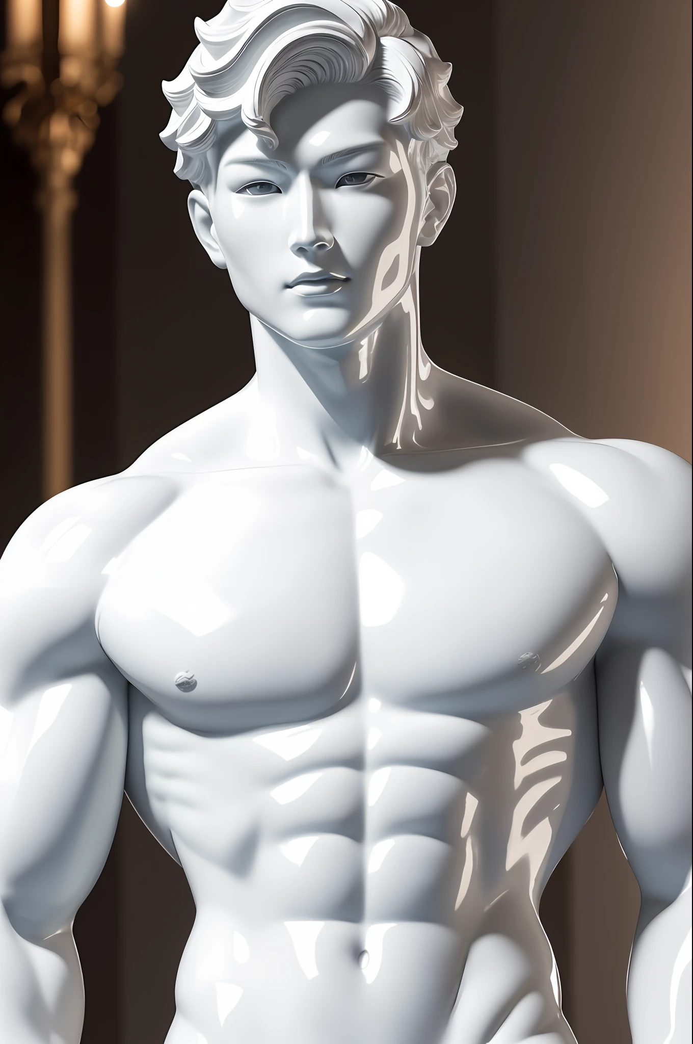 ((statue)), ((made of latex)), (masterpiece, ultra quality, high resolution, 8k, intricate: 1.2), (detailed face:1.2), handsome, Young Korean man ,white skin, double eyelids , detailed skin, 1boy, ((realistic)), abs, good lighting quality, muscle veins, ((pale skin)), (pushing up:1.2), (sweat:1.3), low angle, lust face