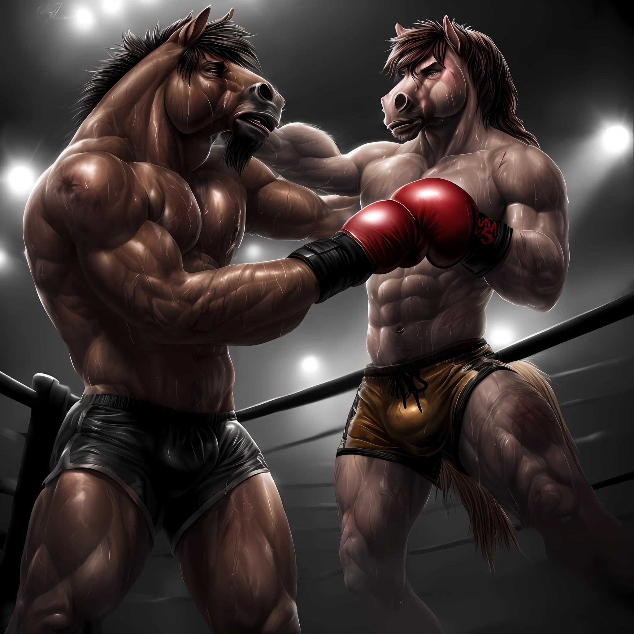 (aesthetic illustration, ultra-realistic, stunning masterpiece),(gritty, intense, dramatic lighting),(male anthro horse),(detailed muscular build, boxing gloves, boxing shorts),(bruised and sweaty),(punched in the muzzle),(dramatic angle, intense expression),(soft focus on clenched fists and bruise), (intense background, dark and gritty atmosphere, bruised and dusty boxing ring, broken ropes):0.8