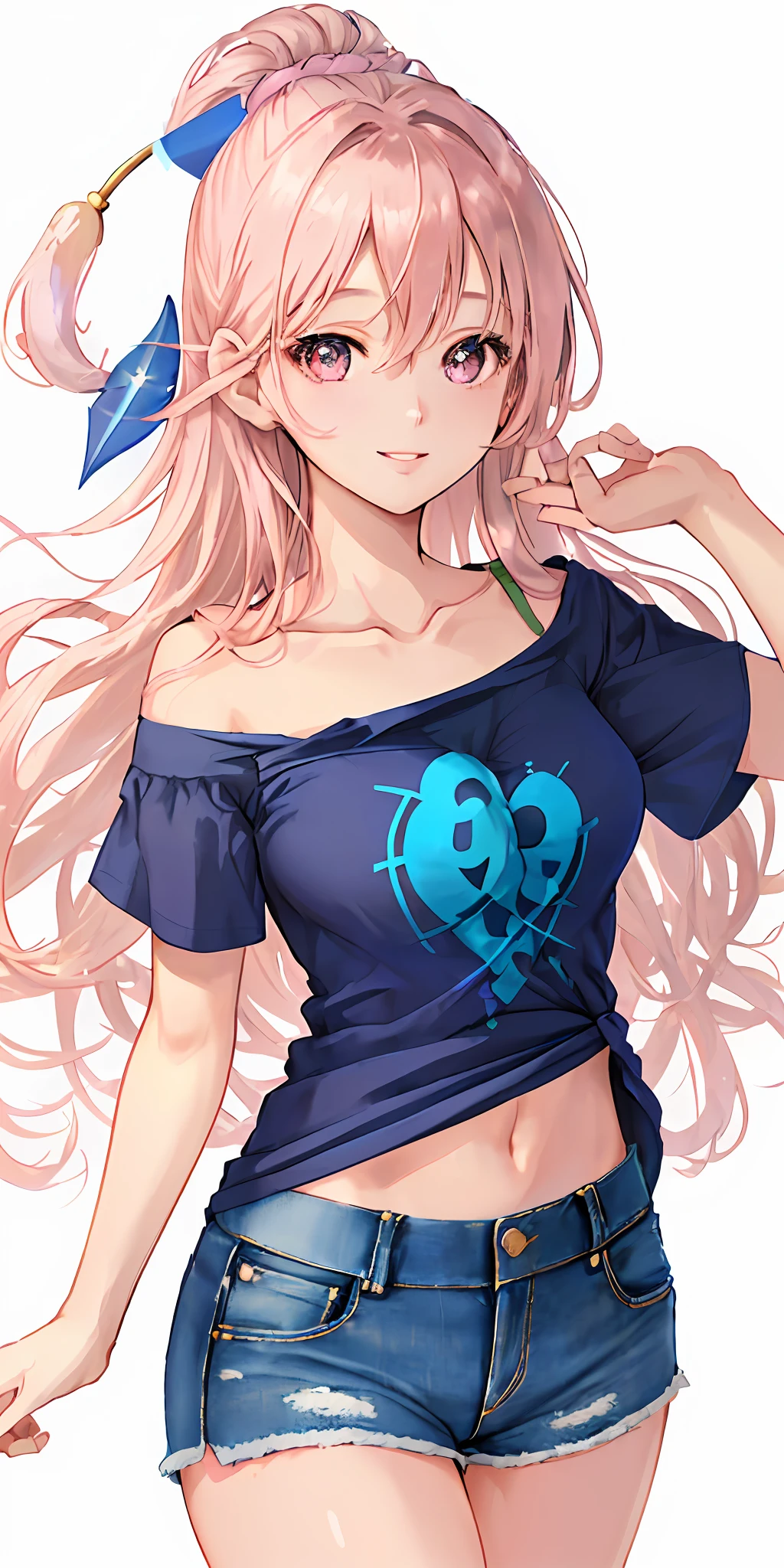 Realistic, textured skin, {best quality}, {highres}, beautiful and charming anime girl, full body photo, 28 years old, delicate and charming round face, smiling, slender and charming figure, delicate and charming collarbone, air bangs , dark hair, bright peach eyes, pink lips, double eyelids, deep cleavage, (blue appliquéd cotton jersey T-shirt, crafted from cotton jersey, classic crew neck and dropped shoulders, denim shorts), casual pose, bright background