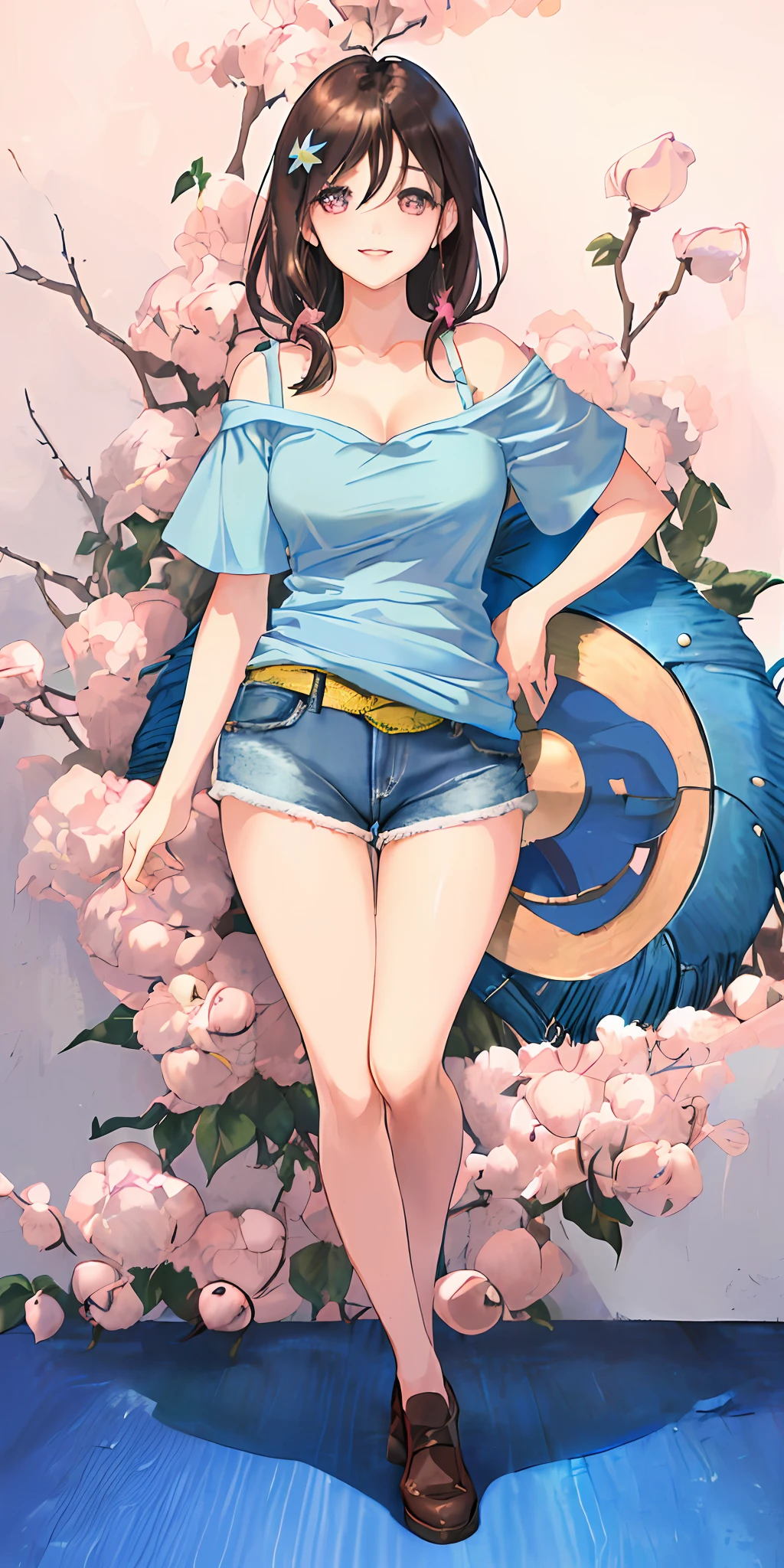 Realistic, textured skin, {best quality}, {highres}, beautiful and charming anime girl, full body photo, 28 years old, delicate and charming round face, smiling, slender and charming figure, delicate and charming collarbone, air bangs , dark hair, bright peach eyes, pink lips, double eyelids, deep cleavage, (blue appliquéd cotton jersey T-shirt, crafted from cotton jersey, classic crew neck and dropped shoulders, denim shorts), casual pose, bright background