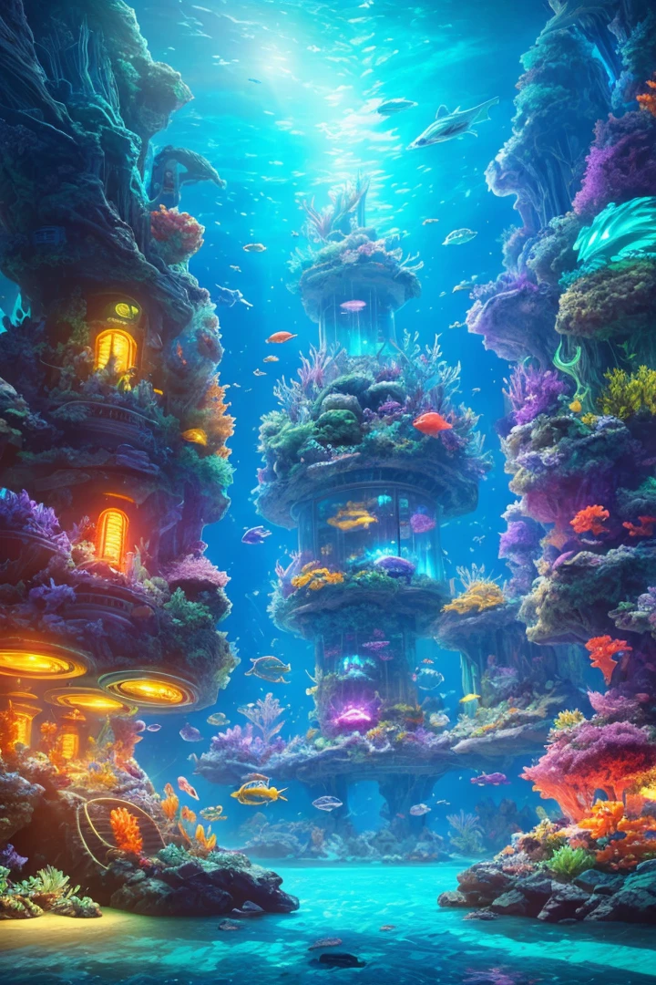 A square rounded edged terrarium, hall full of warter, with a rock inside, metalic neon lights, 8k octane render, photorealistic, cinematic lighting, detailed building, detailed fish