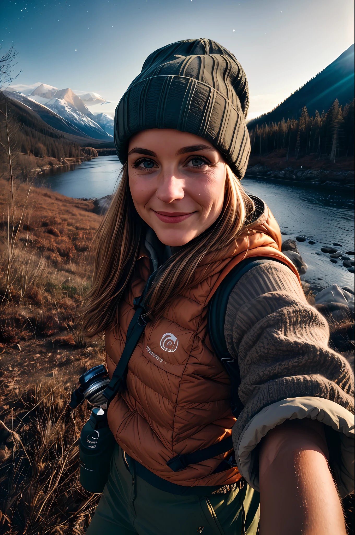 1 woman((upper body selfie, happy)), masterpiece, best quality, ultra-detailed, solo, outdoors, (night), mountains, nature, (stars, moon) cheerful, happy, backpack, sleeping bag, camping stove, water bottle, mountain boots, gloves, sweater, hat, flashlight, forest, rocks, river, wood, smoke, shadows, contrast, clear sky, analog style (look at viewer:1.2) (skin texture) (film grain:1.3), (warm hue, warm tone)
:1.2), close up, cinematic light, sidelighting, ultra high res, best shadow, RAW, upper body, old man, wearing pullover