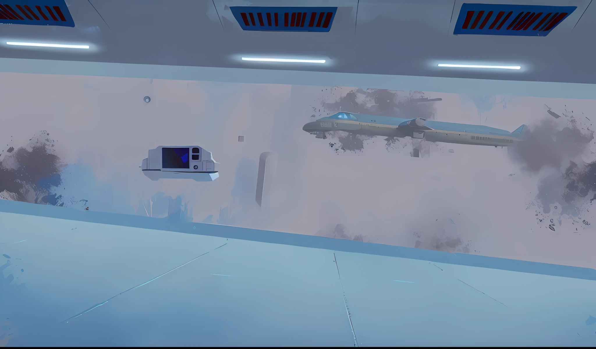 there is a painting of a plane flying over a microwave, sci - fi scene, scifi scene, videogame still, alien room background, scifi environment, sci - fi environment, spaceship hallway background, sci-fi digital painting, cinematic level shot, random background scene, desolate. digital illustration, grainy risograph matte painting, concept art for a video game can you make in this in Disney art style and can you add 1 window where you can see the space