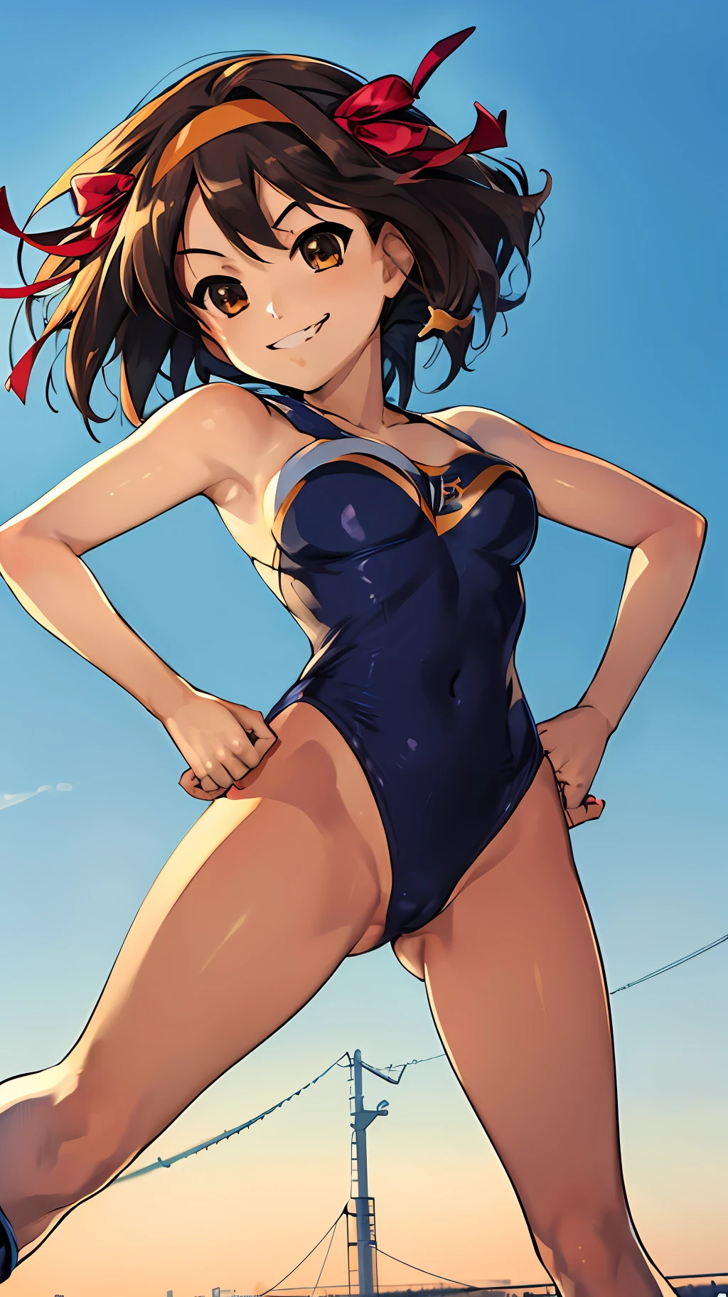 masterpiece, best quality, highres, 1girl, suzumiya haruhi, solo, superhero, leotard, bare legs, brown hair, short hair, brown eyes, hairband, medium hair, ribbon, boots, matching boots, medium breasts, cowboy shot, standing, smile, city backdrop,