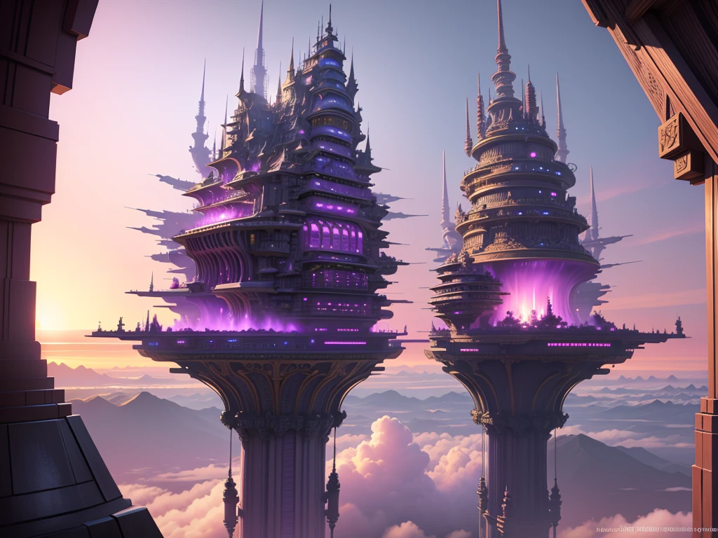 masterpiece, intricate details, ff14style, painting of futuristic city, purple and pink theme, flying vehicles, vivid colors,