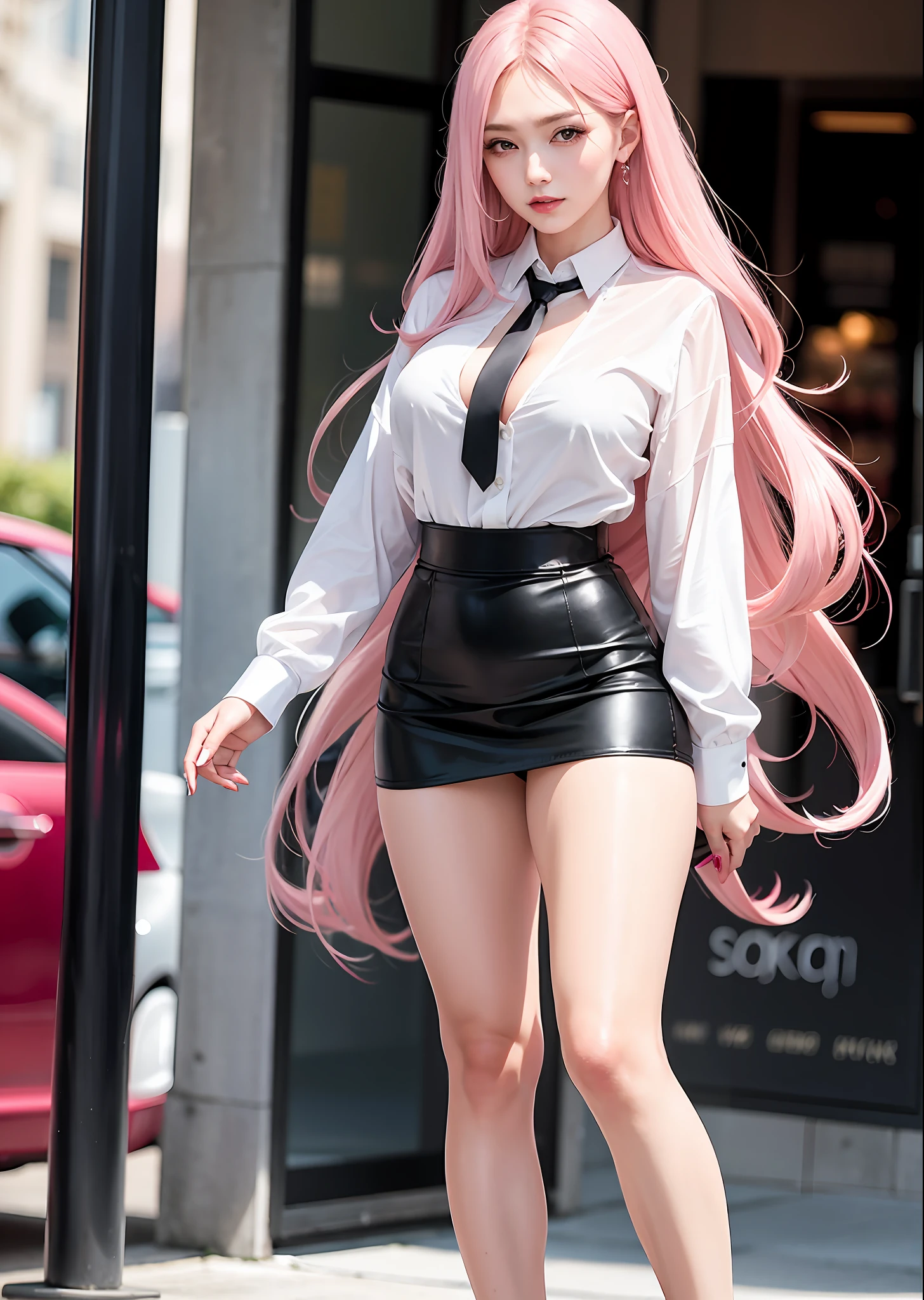 beautiful business woman, pink long hair, walking and looking to the distant, looking away from viewer, tight mini skirt, black leather skirt, high heels, tie, thick thighs, open shirt, show cleavage, sexy legs, beautiful legs, shinny legs, elegant legs, elegant woman, beautiful eyes, pink contacts, sexy cleavage