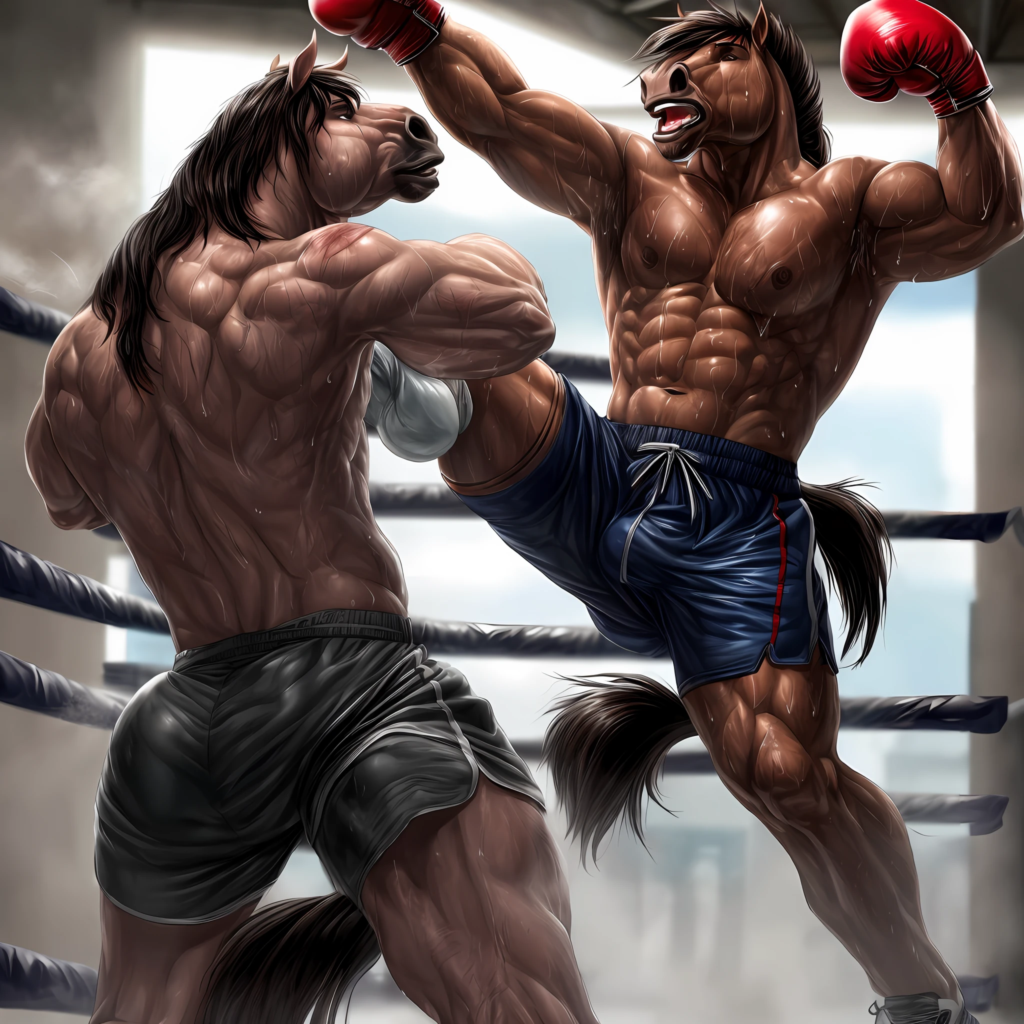 (high quality, realistic), (action-packed dynamic pose) portraying a (powerful and masculine anthropomorphic horse), (bruised and sweating and dressed in boxing gloves and shorts).