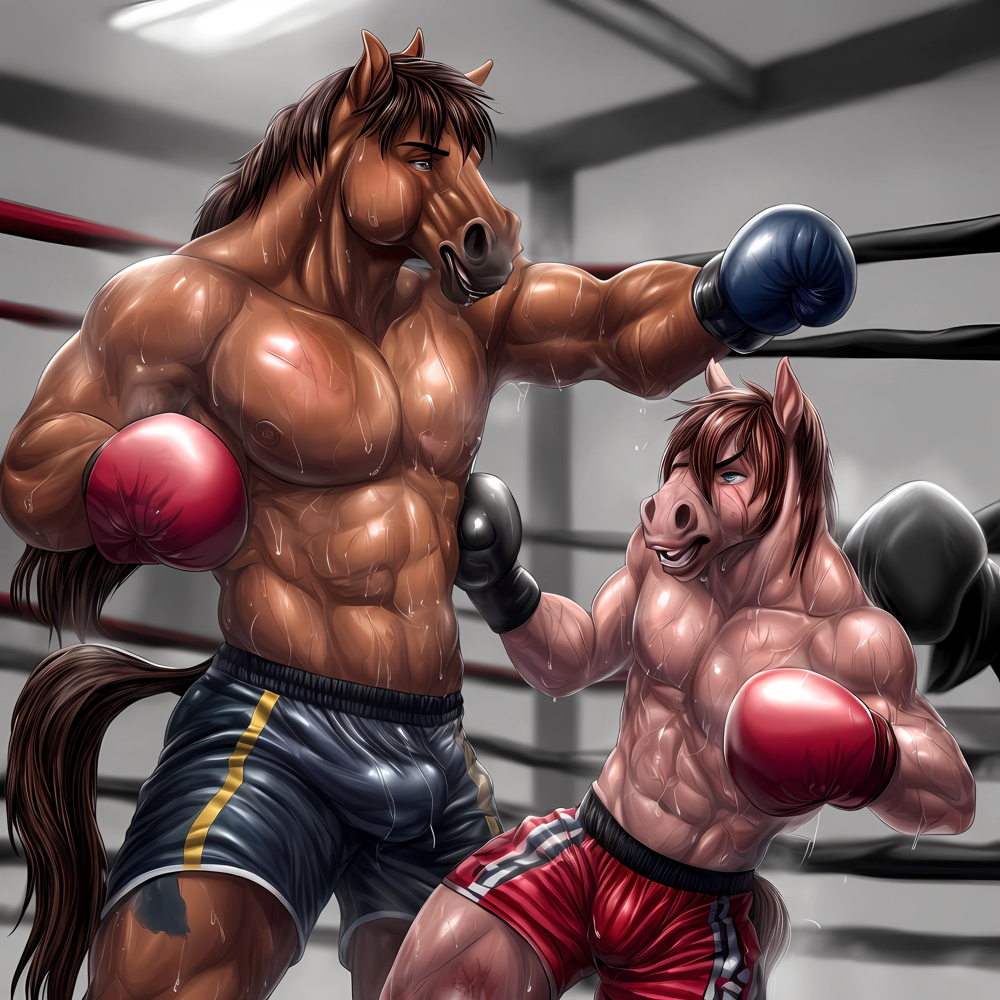 ((1anthro male horse), boxing gloves and boxing shorts, (bruised:1.2+injured+beaten-up), (sweat:1.2+drenched), (punched:1.3+boxer)):0.8