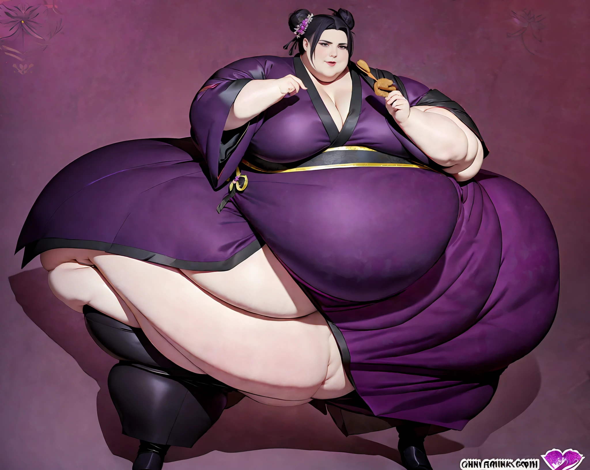 a anime image of a handsome mature man in a purple robe and black boots, slightly baggy pants, full body purple cloak((with Lotus motifs)), in dark purple robes, ((wearing Hanfu robe)), Black hair styled in a bun with a purple ribbon around it, full body close-up shot. Large Fat blimp like belly , double wide hips, large fat butt, thick fat thighs , Proportionally large and fat arms and Legs, large Fat breast, fat chubby cheeks, Fat face, multiple chins.pose(, stuffing self with food), expression (( Ravenous,yet teasing,)
