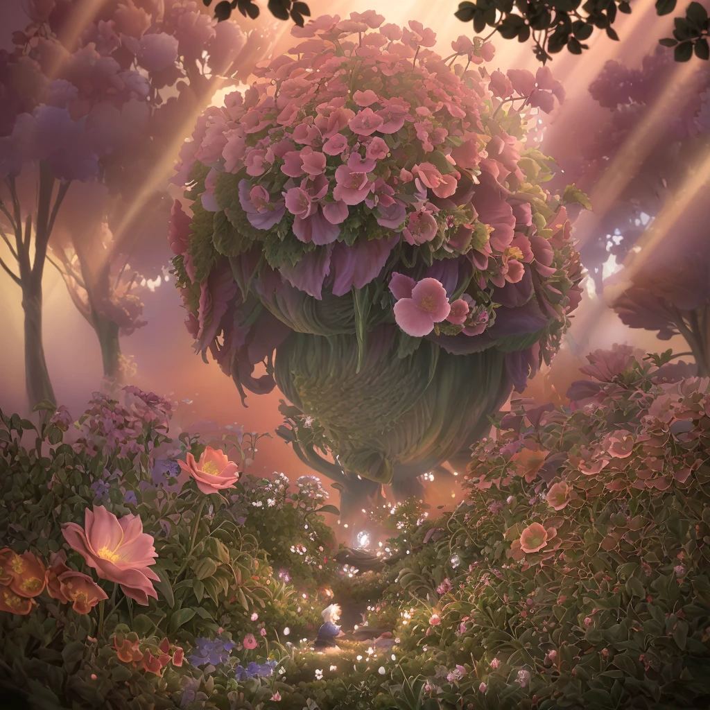 (extremely detailed CG unity photorealistic rendering, pre-raphaelite inspired art style),((1little girl) riding on the back of the (terrifying monster of the flower garden)),(vividly blooming flower garden),fantasy ambiance, dramatic composition,fog, backlit hair, sunbeams