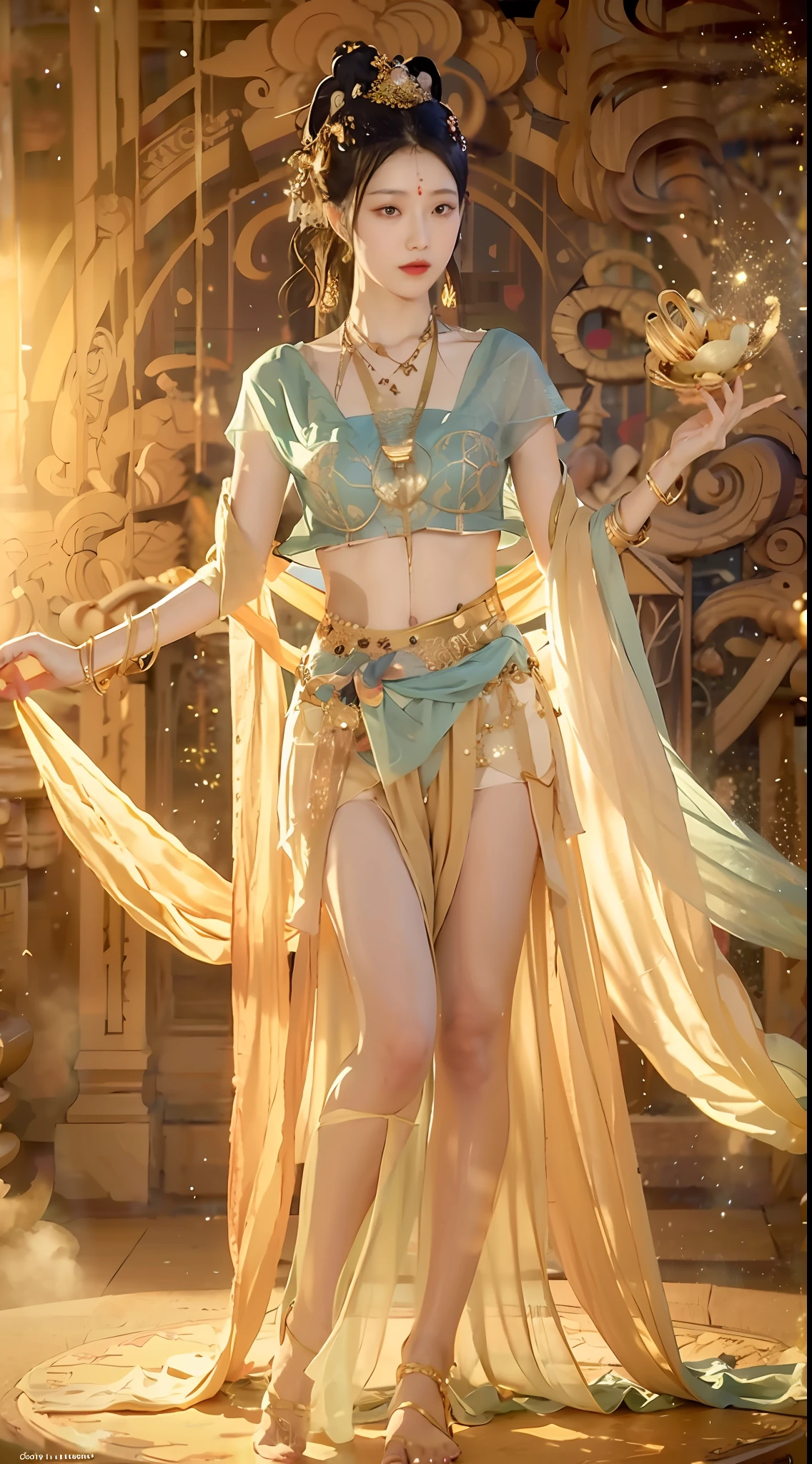 (8k, RAW photo, best quality, masterpiece: 1.2), (realistic, photo-realistic: 1.4), (extremely detailed CG unity 8k wallpaper), 1 girl solo, full body, thighs, navel exposed, golden waist chain, golden accessories, particles, dance, dunhuang_dress, dunhuang_style, dunhuang_background, blurry_background,
