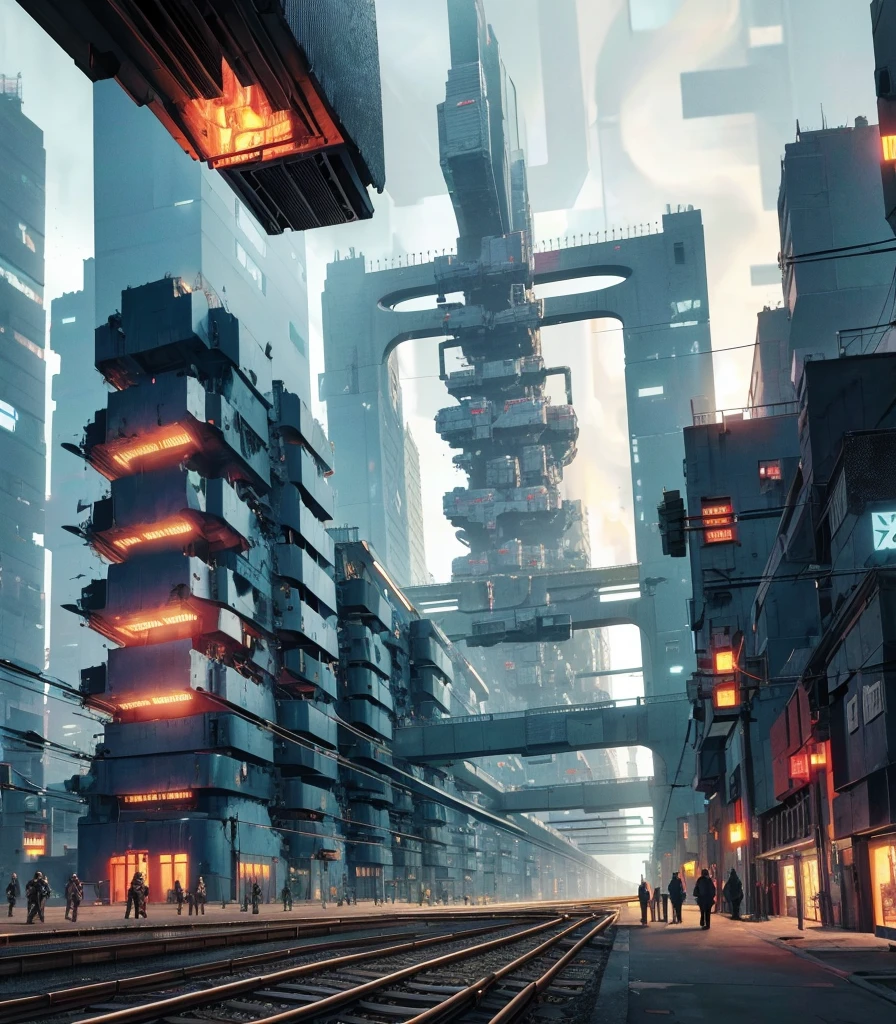Oddly shaped house, two giant robots, ((Cyborg)), high-rise building, robot, car, crowd, mechanical sense, (irregular building), machinery, (cyberpunk), (levitating train), nobody machine, realistic lighting, (Abyss) masterpiece, high quality, beautiful graphics, high detail,